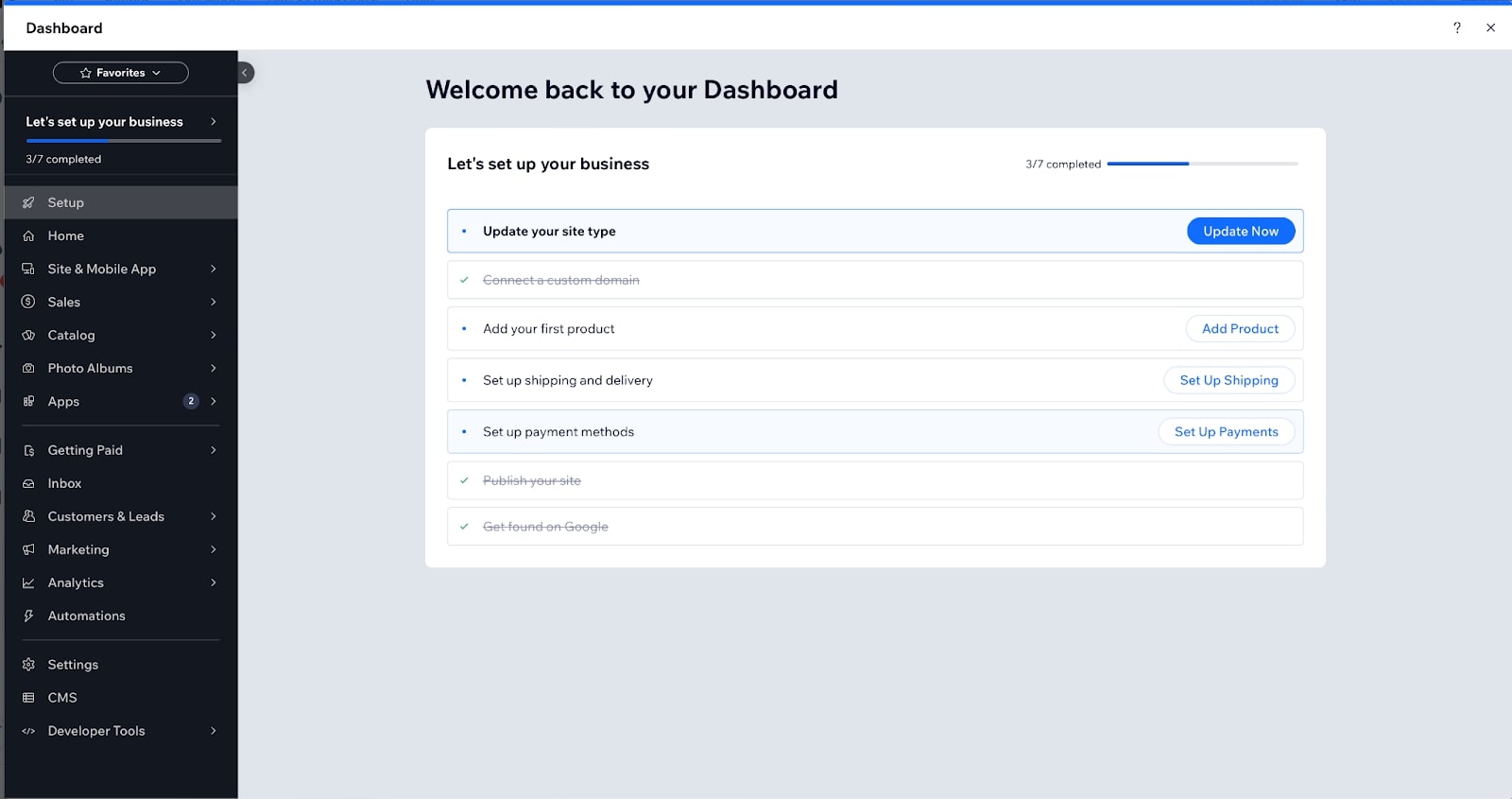 Wix Editor Dashboard