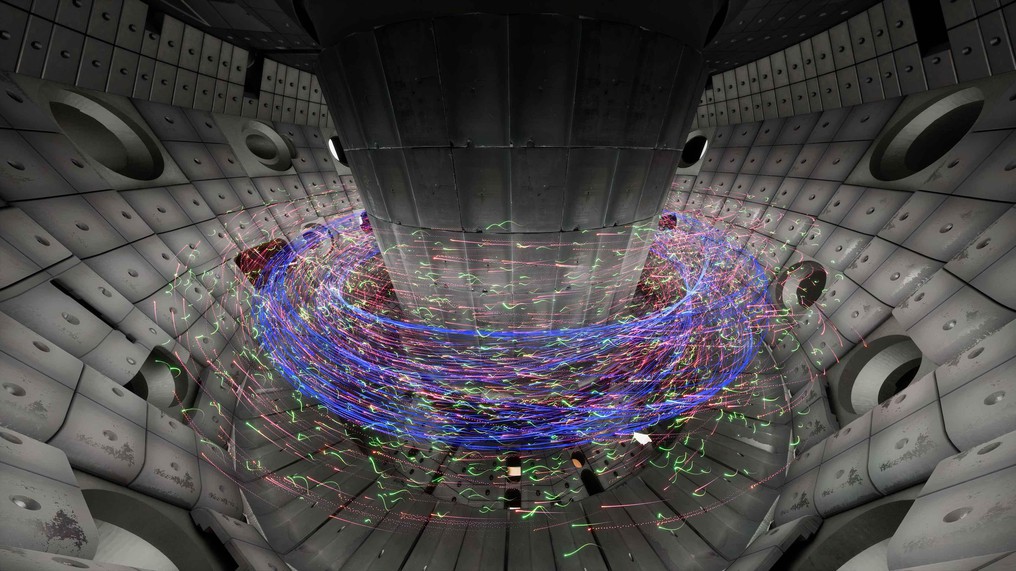 A visualization of nuclear fusion occurring in a tokamak.