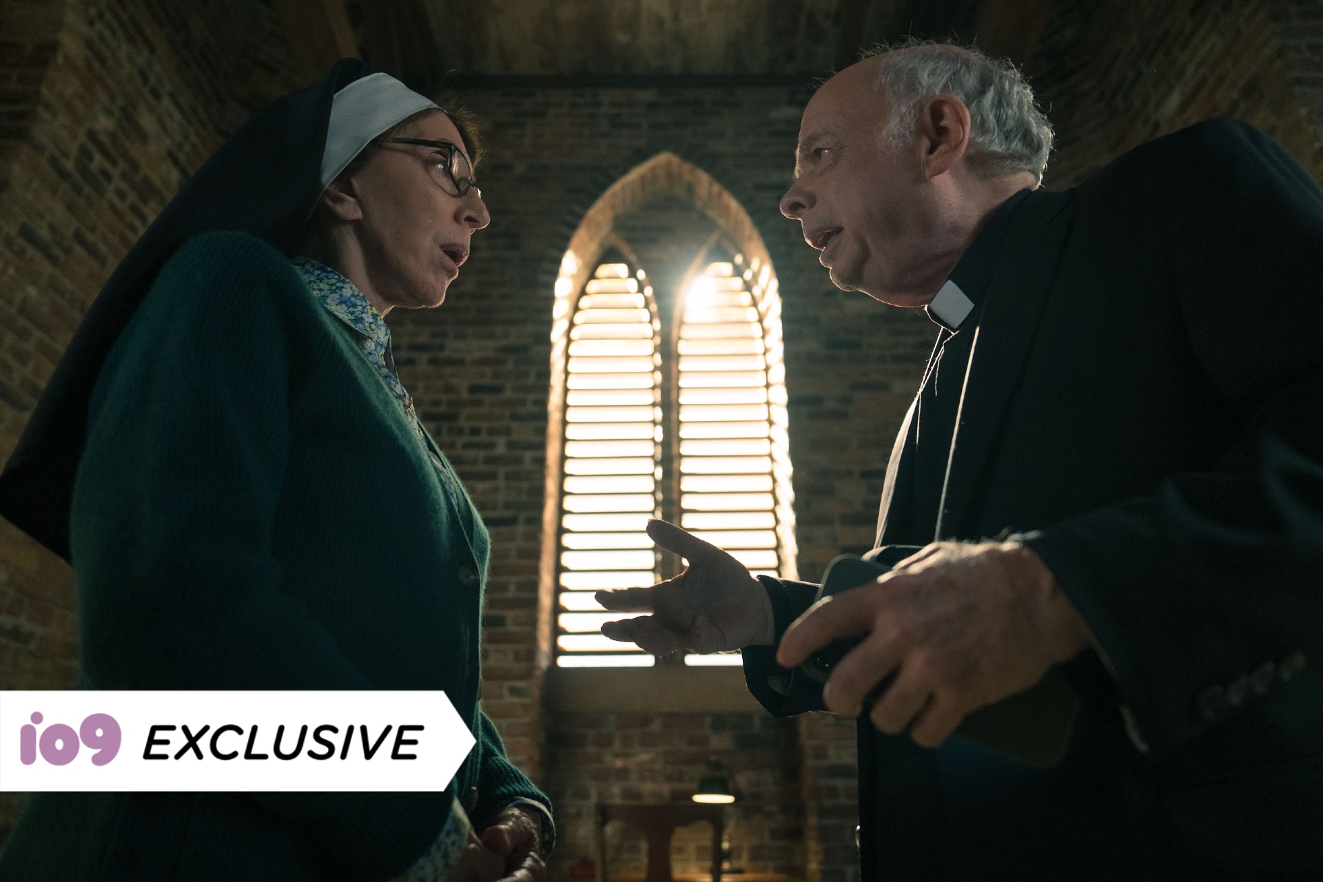 Andrea Martin as Sister Andrea and Wallace Shawn as Father Ignatius appearing in Evil episode 9, season 4, streaming on Paramount+.