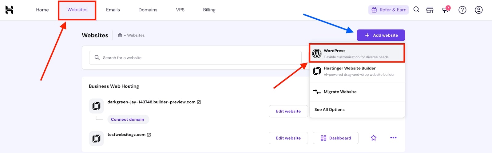 Hostinger Website Dashboard