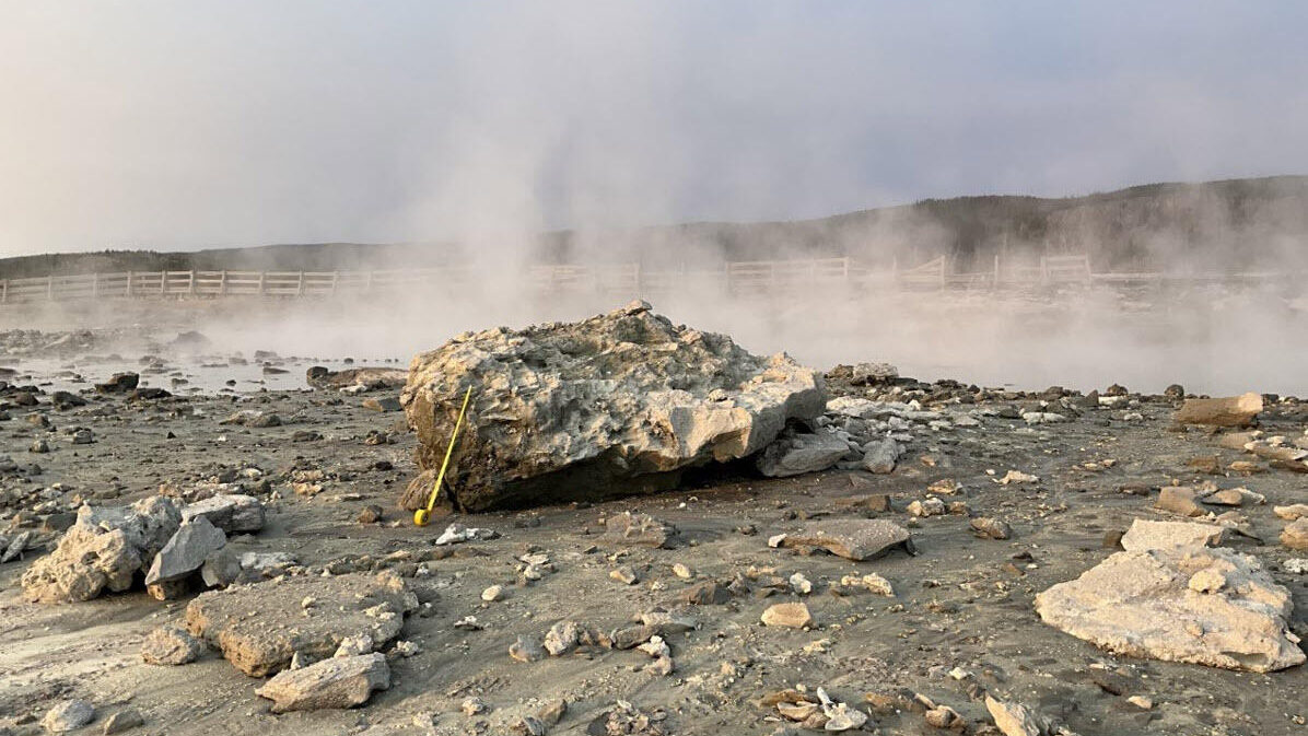 An image of the largest boulder that was part of a hydrothermal explosion at Yellowstone National Park.