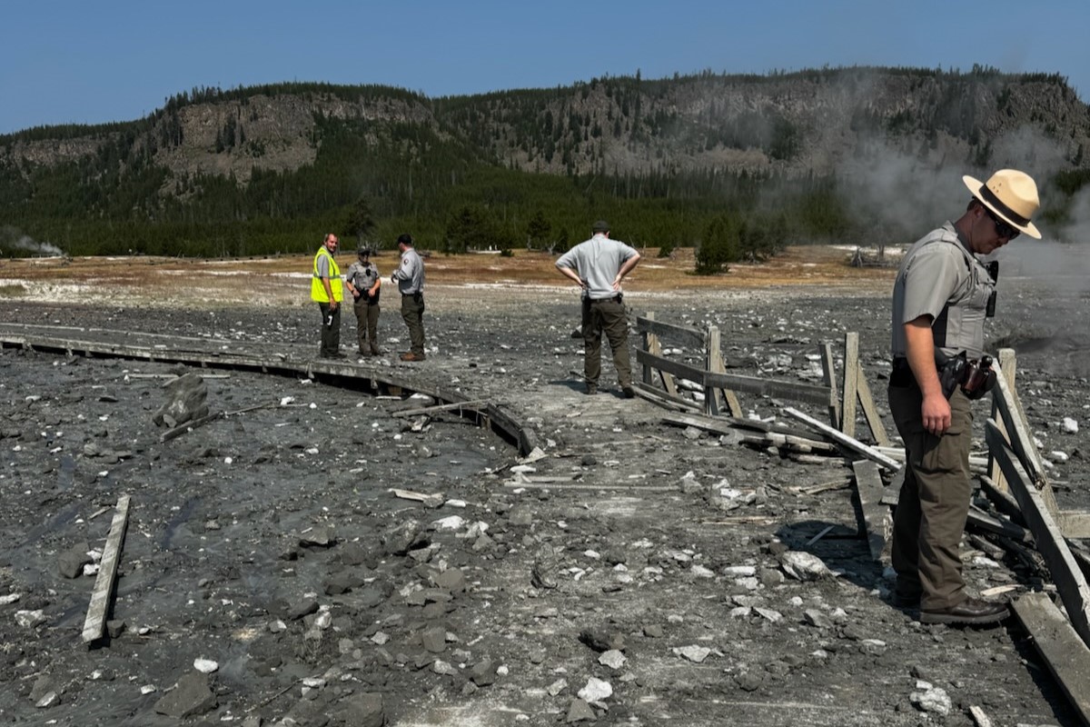 A photo of damage and debris from a hydrothermal explosion in Yellowstone.