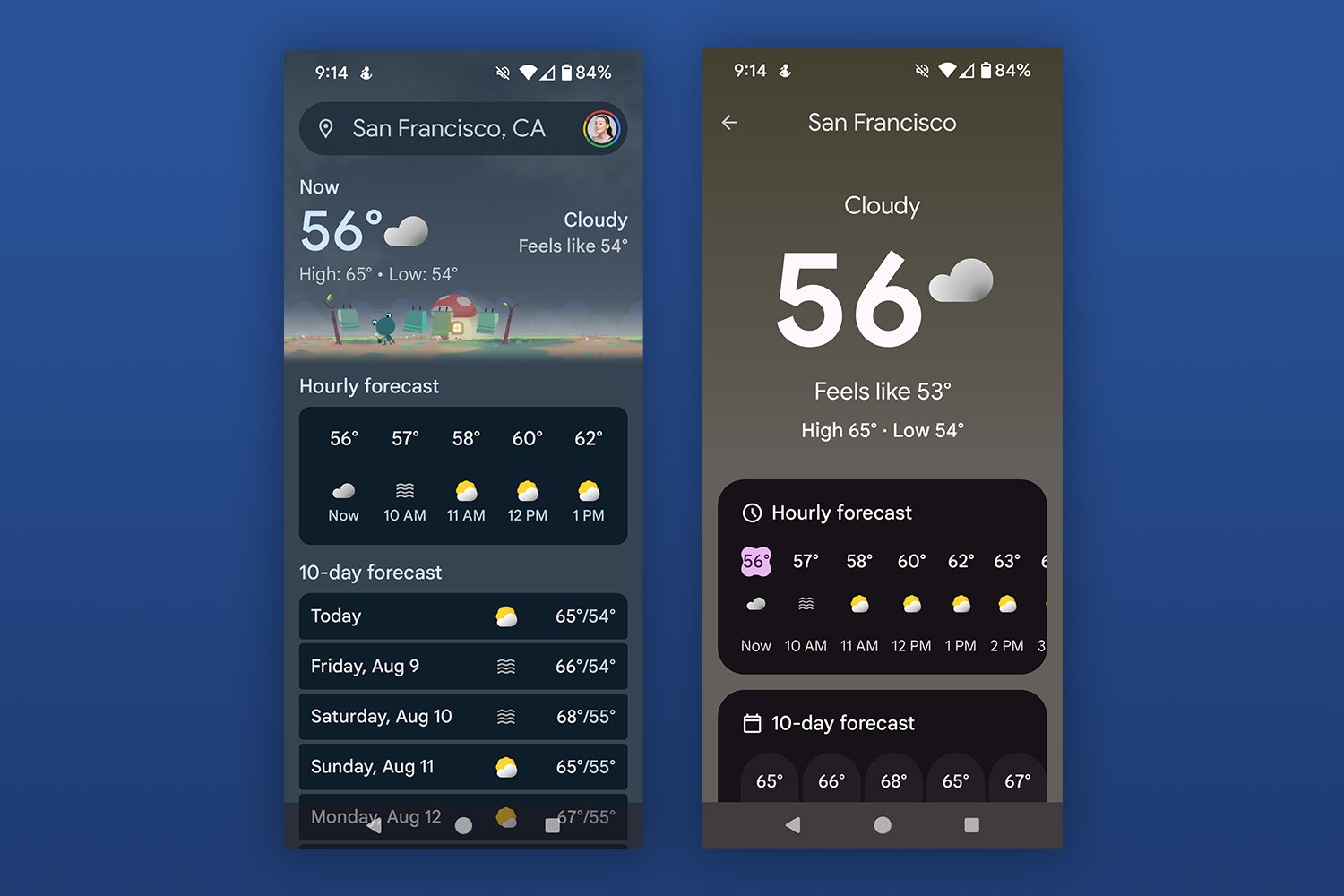 Two screenshots of the Google Weather App Old Vs New