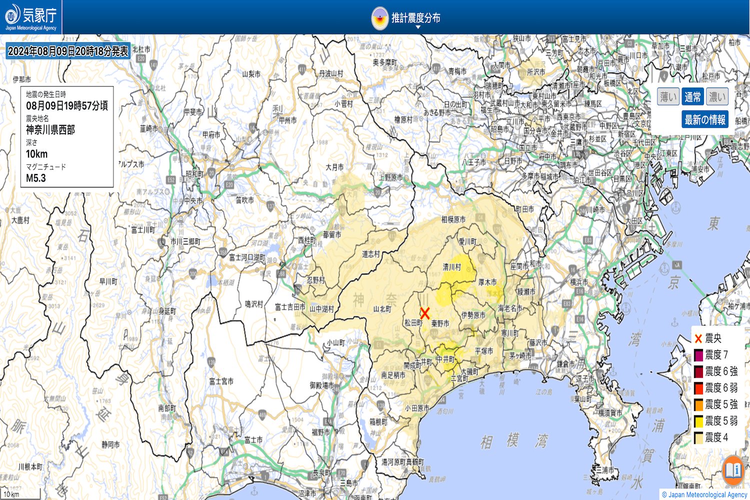 A map of estimated seismic activity in Japan on August 9, 2024.