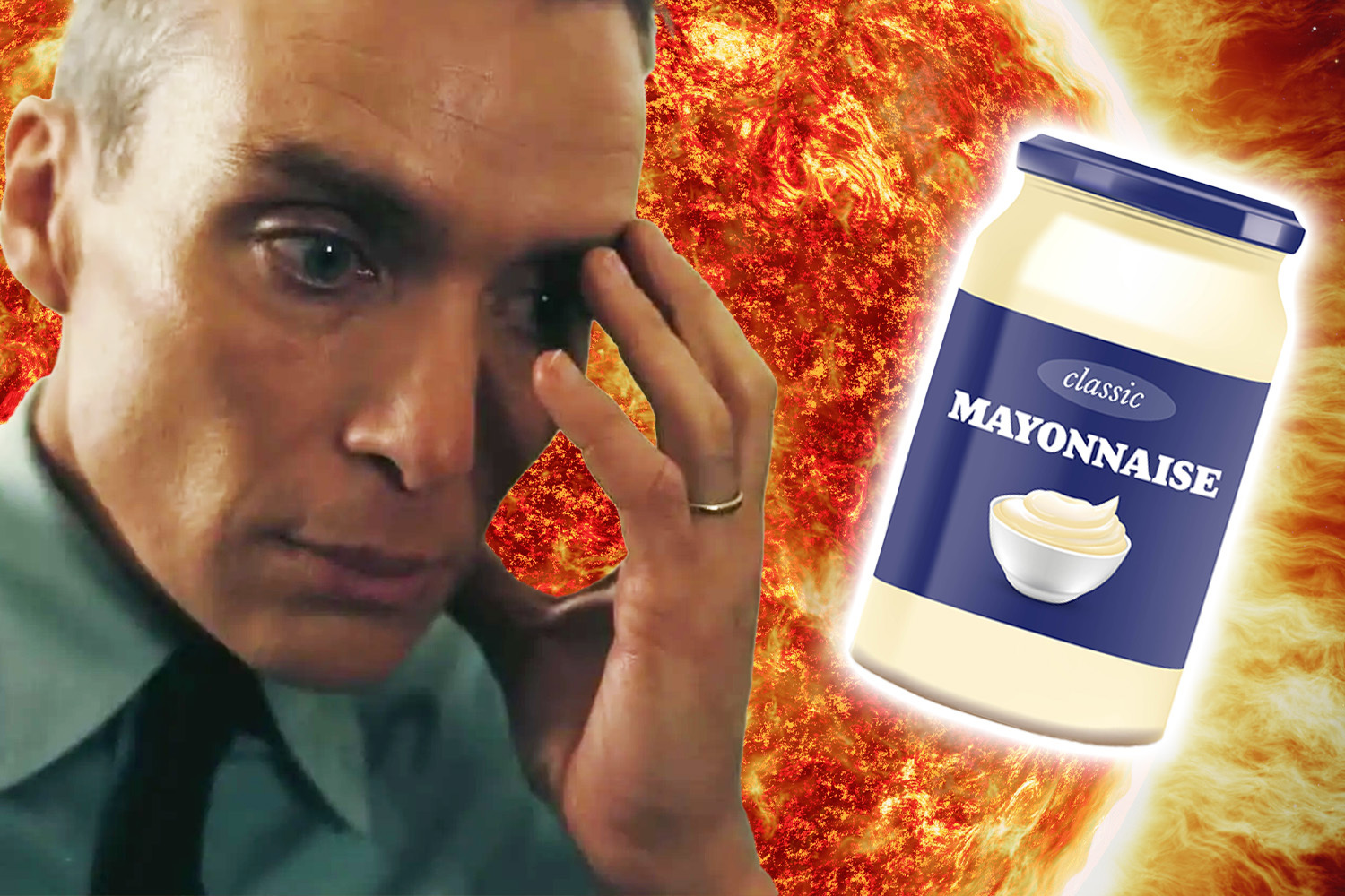 Cillian Murphy as Robert Oppenheimer, looking perplex next to a jar of mayonnaise.