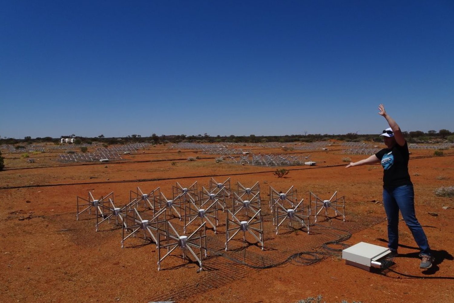 Australia's Murchison Widefield Array, which looks like a bunch of robot spiders in grids across a rural Australian landscape.