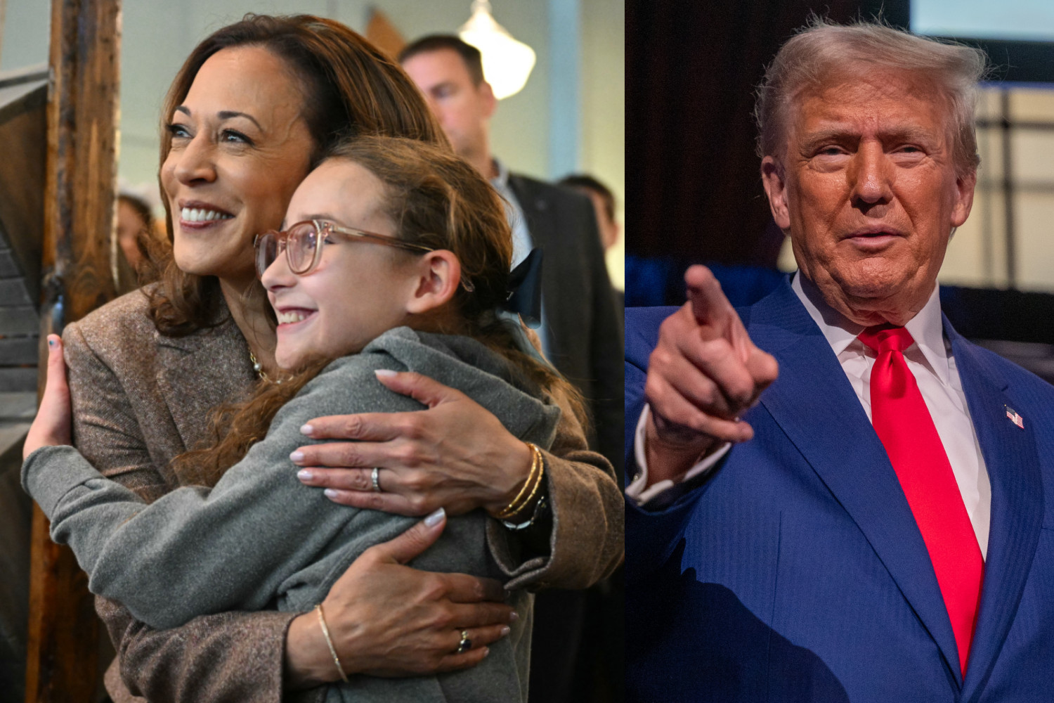 Kamala Harris hugs a young girl as they pose for a photo during a campaign stop at Penzeys Spices in Pittsburgh, Pennsylvania, on September 7, 2024. (left) Donald Trump addresses the Economic Club of New York at Cipriani's on September 5, 2024, in New York City