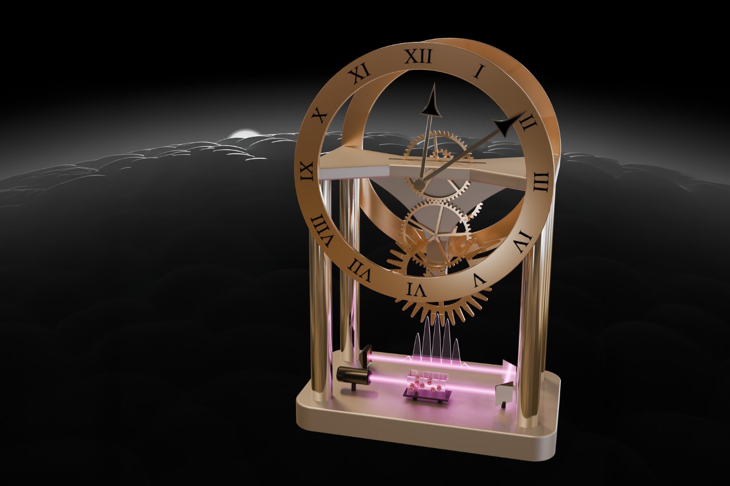 A graphic depicting an atomic nucleus acting as a clock.