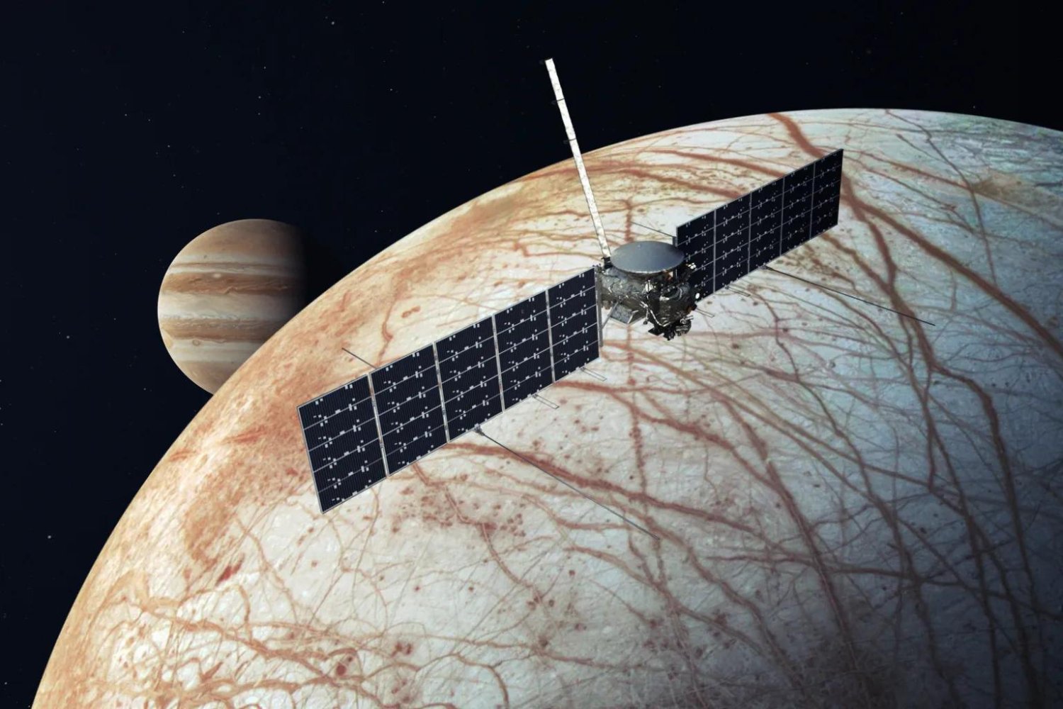 An artist's concept of Europa Clipper above the Jovian moon.