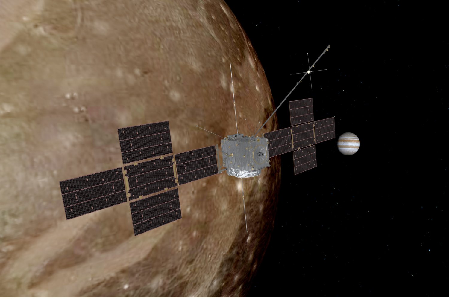 An artist's concept of the JUICE mission orbiting Ganymede, with Jupiter in background. Illustration: ESA (acknowledgement: ATG Medialab)