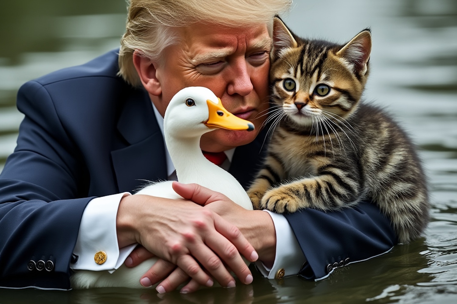 AI-generated image that's going viral showing Donald Trump with his arms around a duck and cat while submerged in waist-deep water.