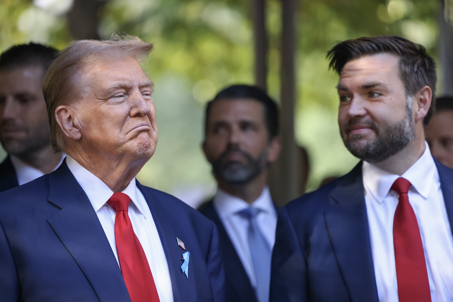 Republican presidential nominee, former U.S. President Donald Trump and Republican vice presidential nominee, U.S. Sen. J.D. Vance (R-OH) joined family and friends at Ground Zero honoring the lives of those lost on the 23rd anniversary of the terror attacks of September 11, 2001, at the World Trade Center on September 11, 2024 in New York City.