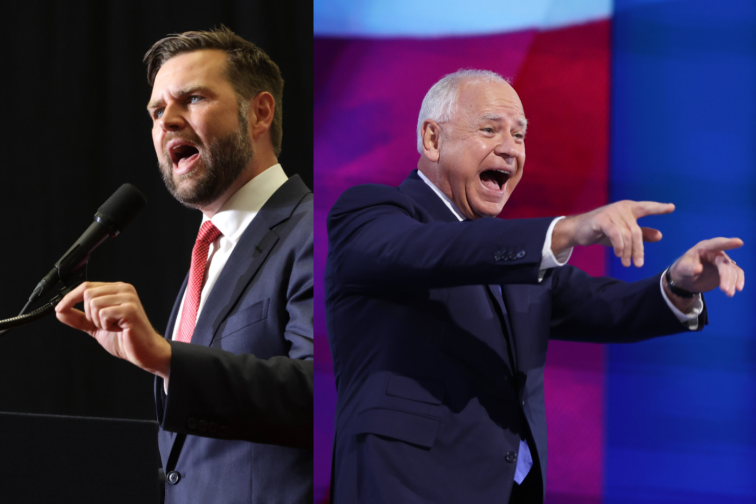 JD Vance (left) on July 22, 2024 in Radford, Virginia and Tim Walz on August 21, 2024 in Chicago, Illinois.