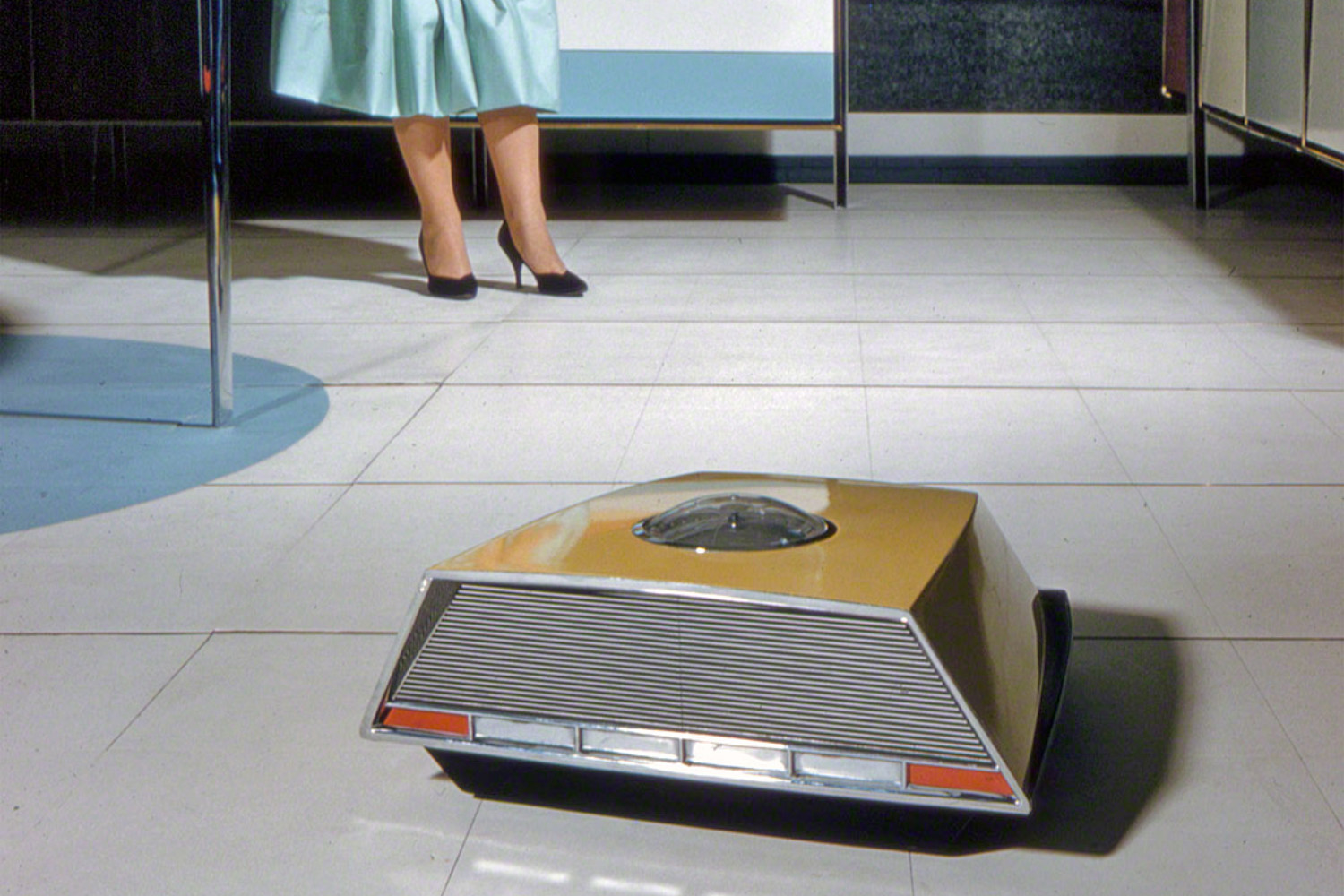 The robot floor cleaner of the future, photographed for the July 21, 1959 issue of Look magazine, which was actually controlled remotely by a man in the next room.