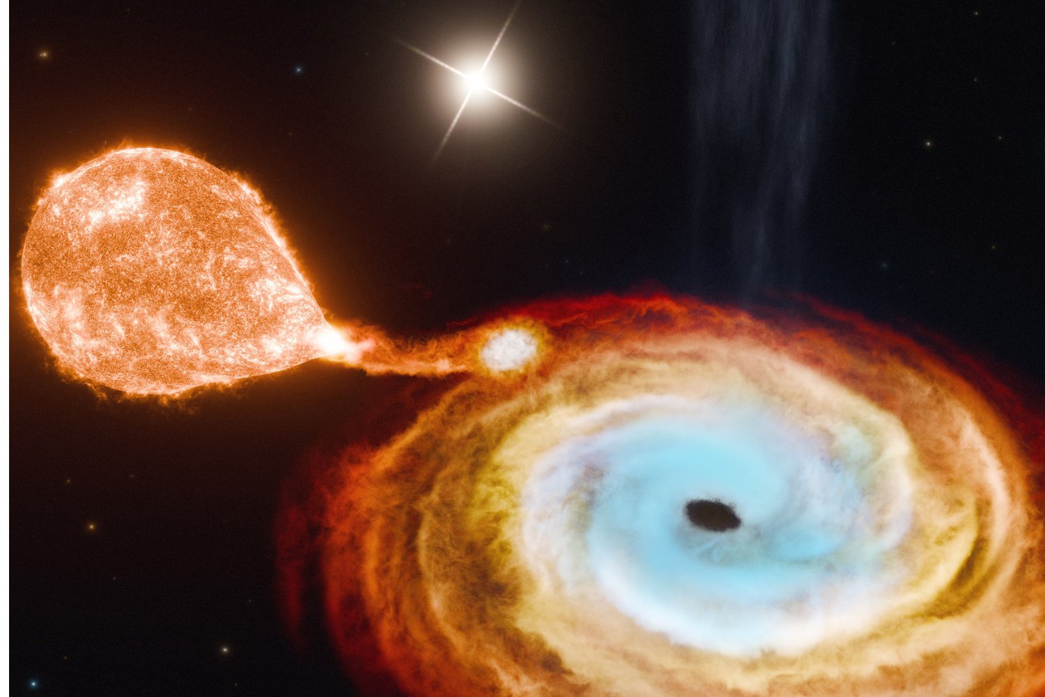 An artist's rendering of a central black hole consuming a star, with a second star orbiting in background.