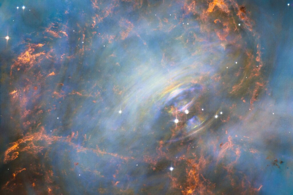 A neutron star at the heart of the Crab Nebula.