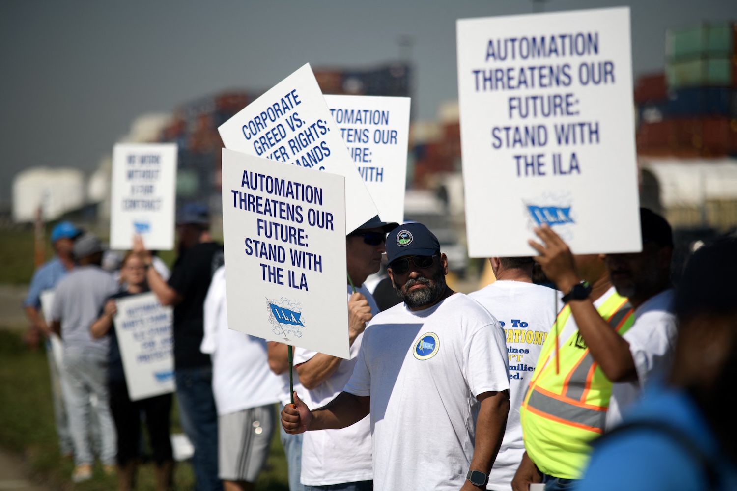 Dockworkers strike at the Bayport Container Terminal in Seabrook, Texas, on October 1, 2024.