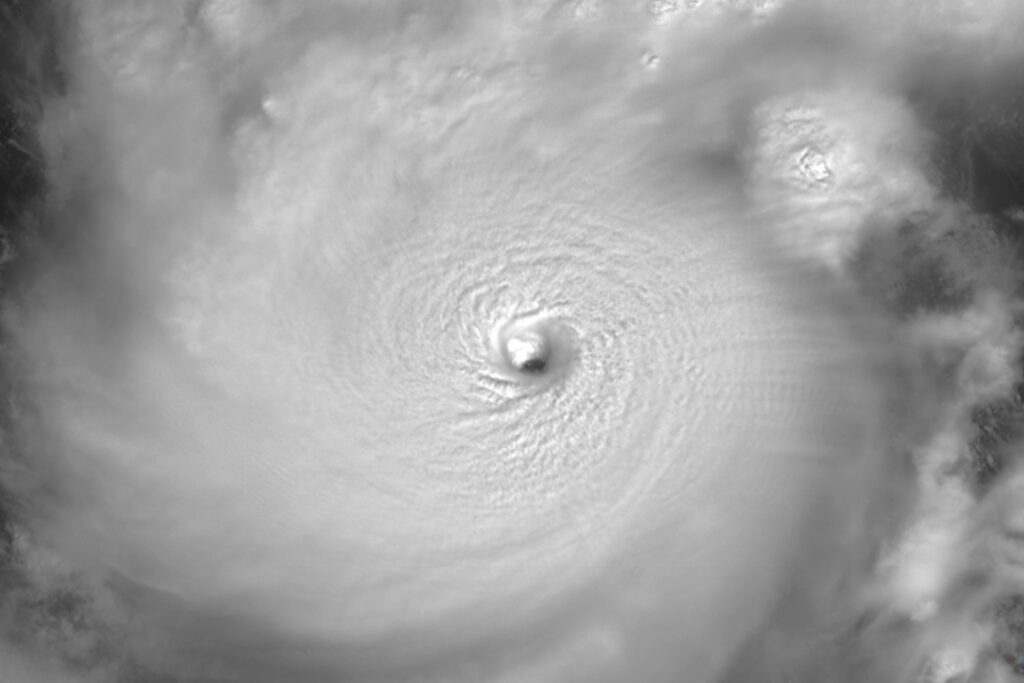 A satellite image of Hurricane Milton's well-defined eye, as seen by the GOES-19 satellite.