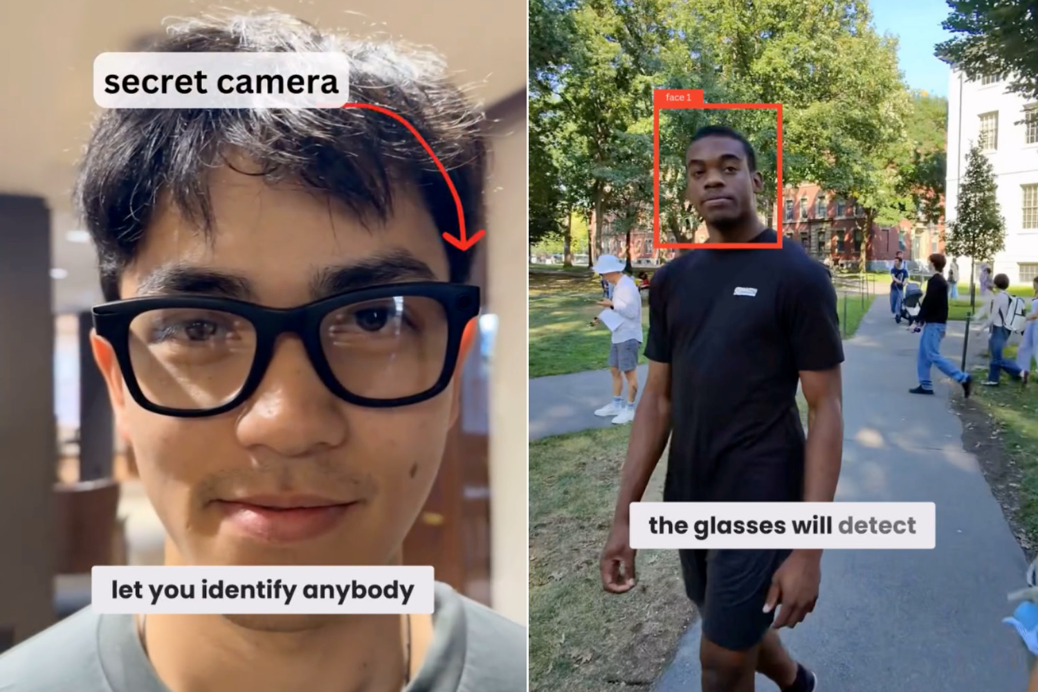 Demonstration of experimental glasses used for AI facial detection and obtaining personal information about strangers on the street.