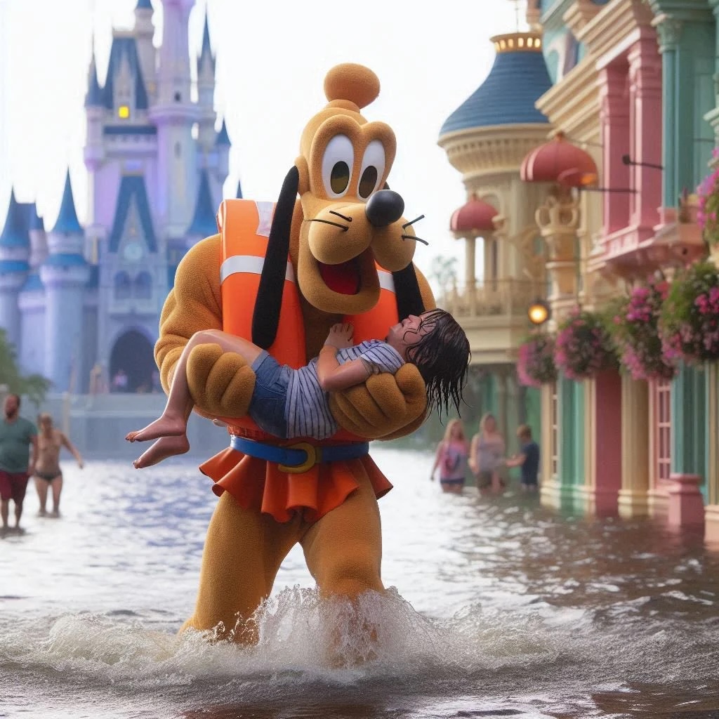 AI image of Pluto rescuing a child from Hurricane Milton at Walt Disney World