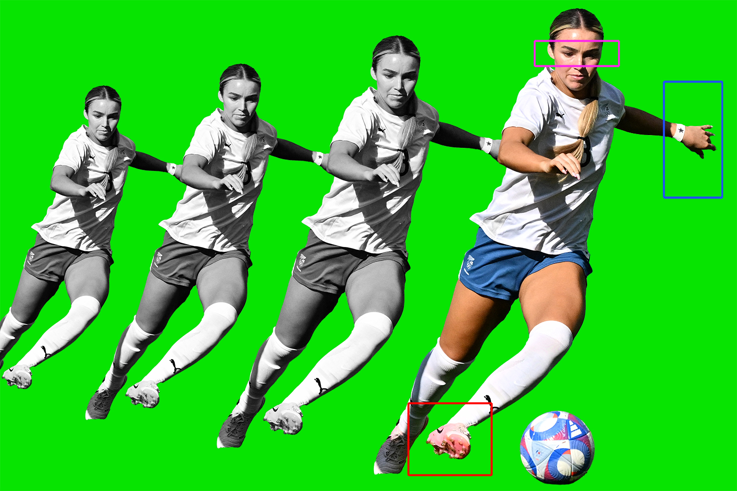 Image of a soccer player with bounding boxes for machine learning