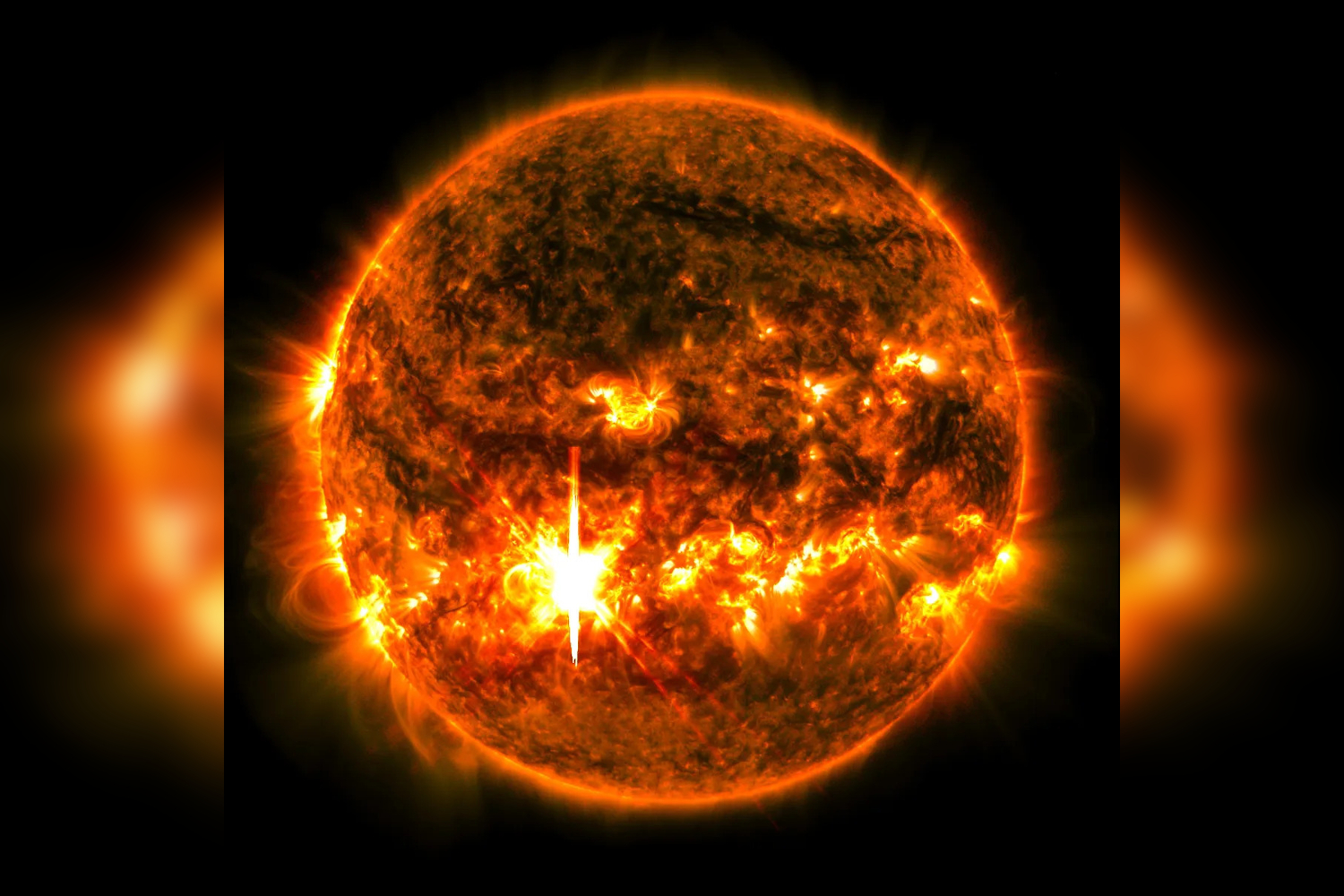 Image of a solar flare erupting on the Sun