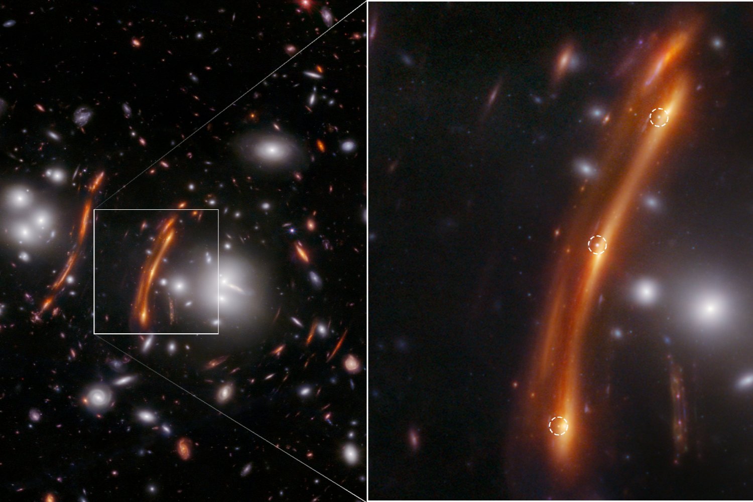 The galaxy cluster PLCK G165 (left) with a triply imaged supernova (right).