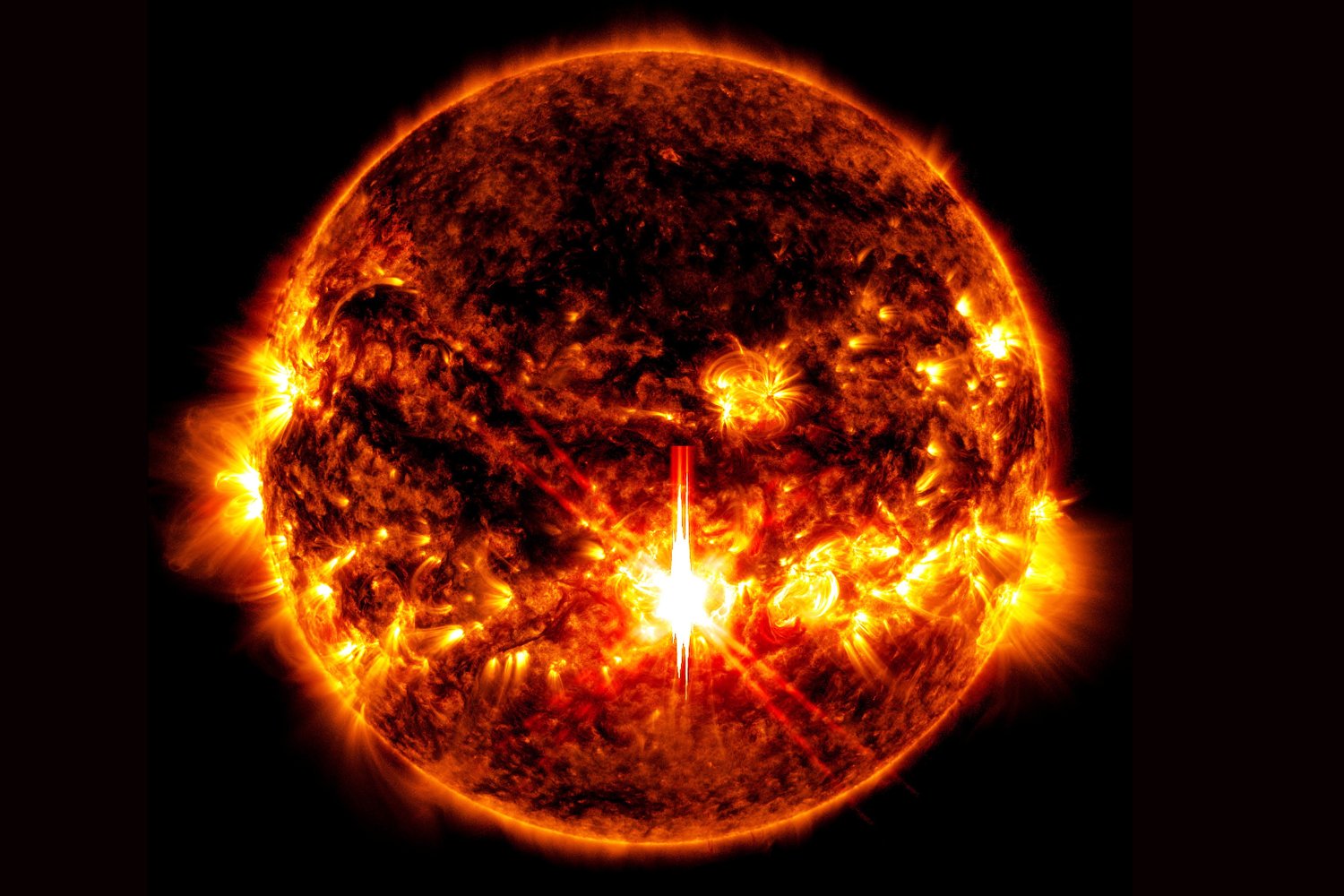 An X9.0 solar flare observed by the Solar Dynamics Observatory on Thursday morning.