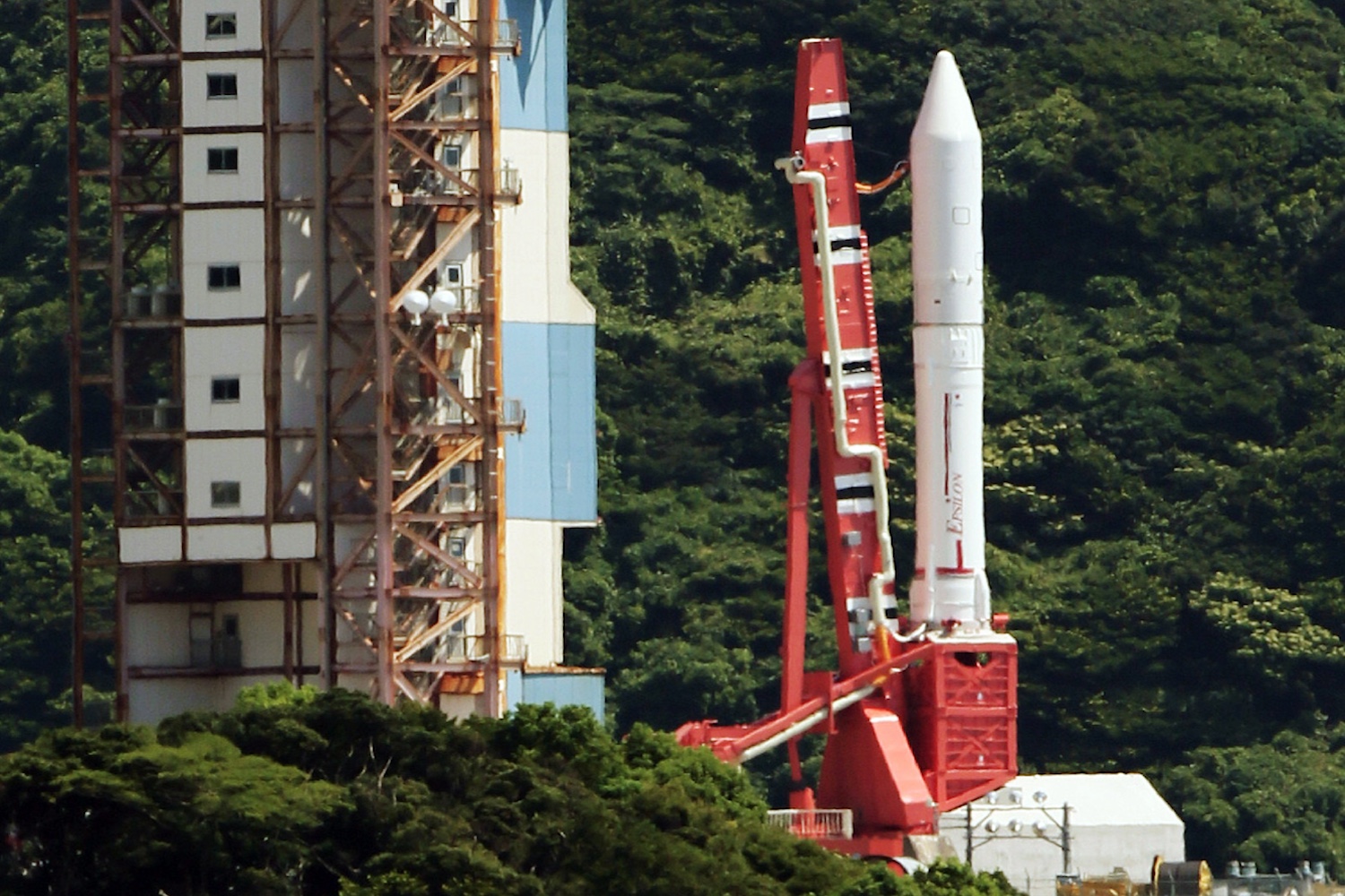 Japan Aerospace Exploration Agency's (Jaxa) new solid fuel rocket Epsilon stands on a launching pad at Jaxa's Uchinoura Space Center at Kimotsuki town in Kagoshima prefecture, Japan's southern island of Kyushu on August 27, 2013.