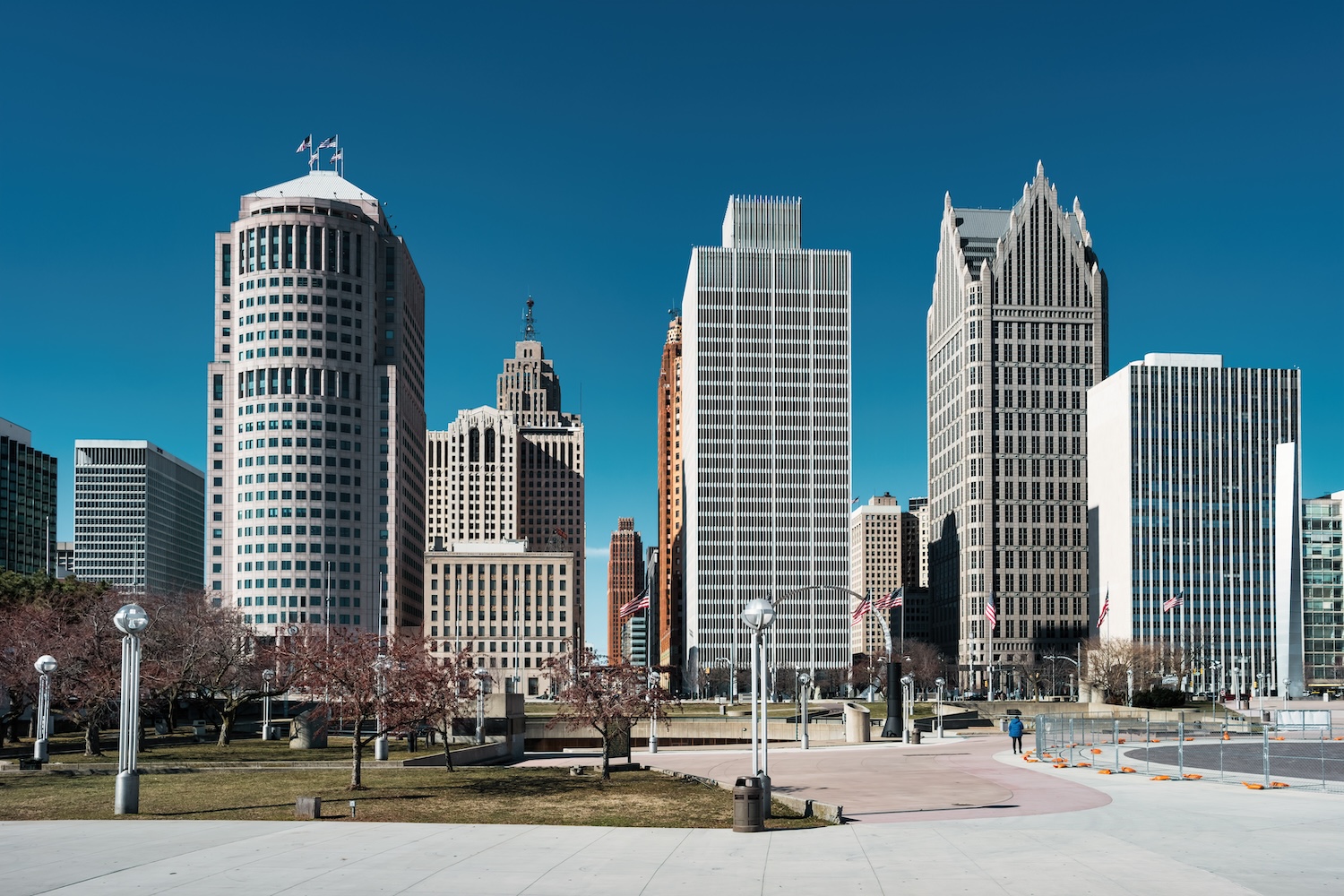 Detroit city skyline on a sunny day.