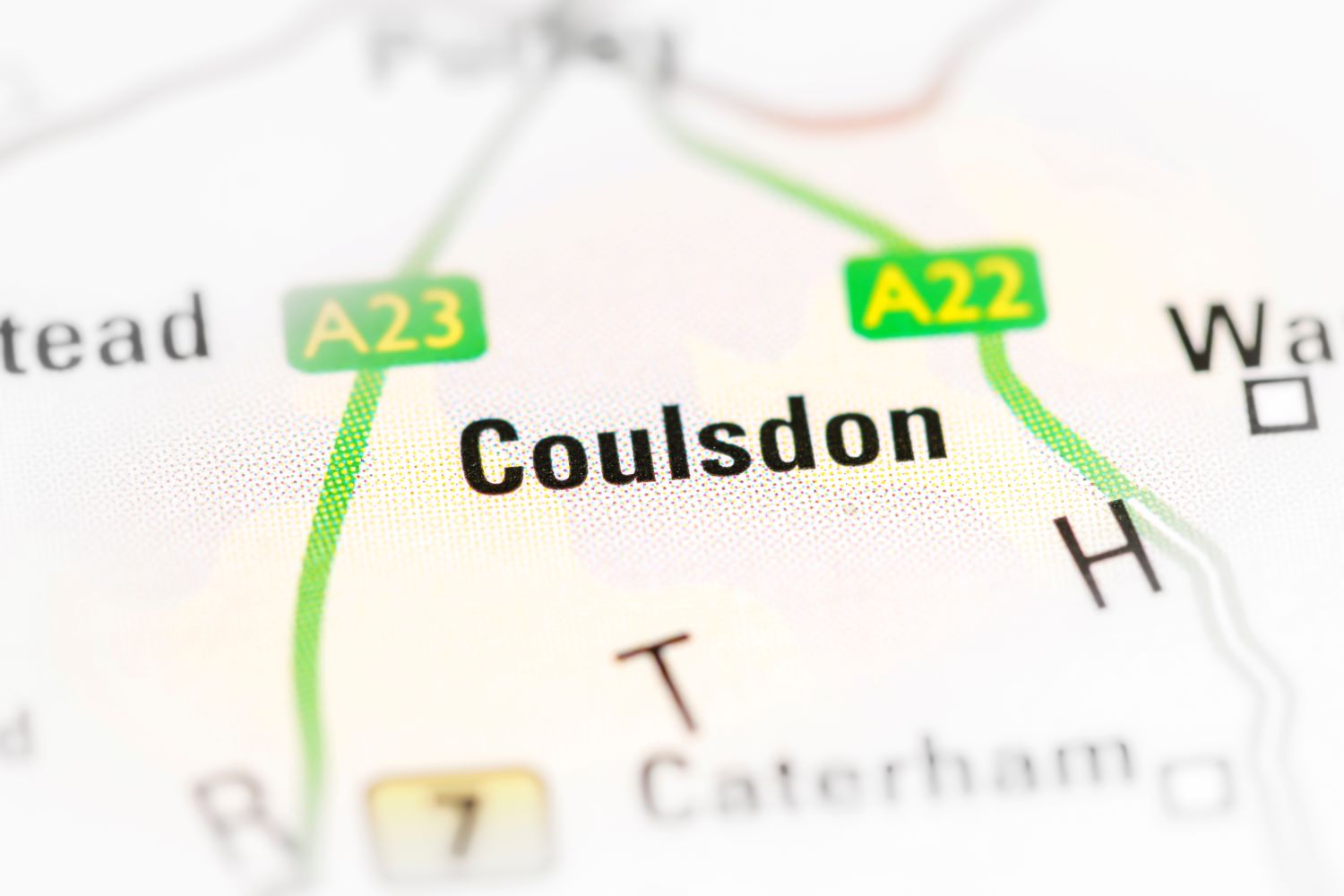 A map showing the label for Coulsdon, England.