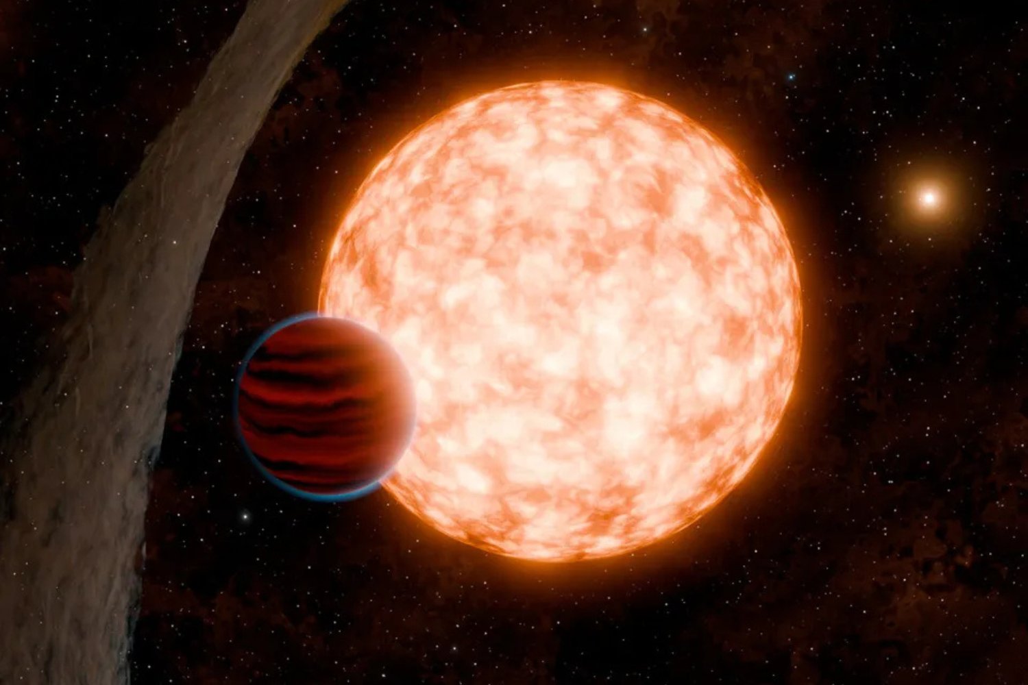 Artist's concept of a young, newly discovered planet, exposed to observation by a warped debris disk.