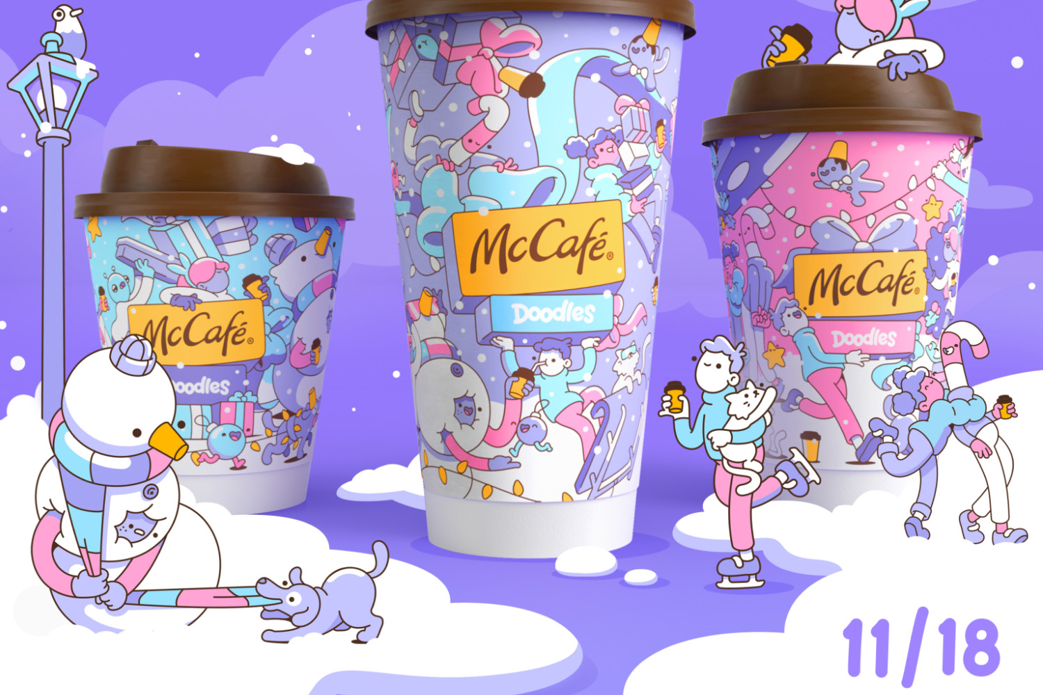 Promotional art for new limited edition McDonald's cups featuring Doodles NFT art.