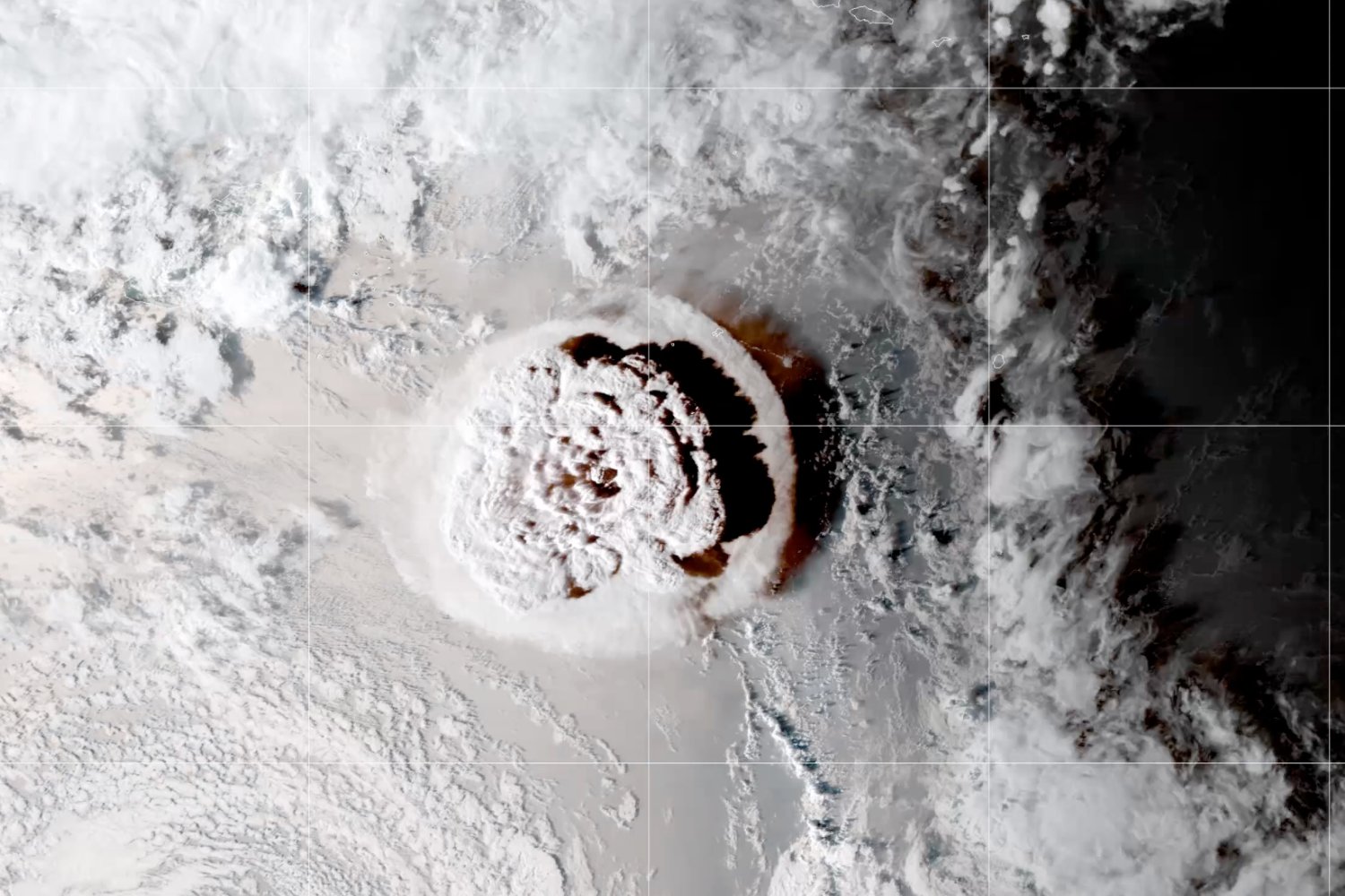 A satellite image of the Tonga eruption.