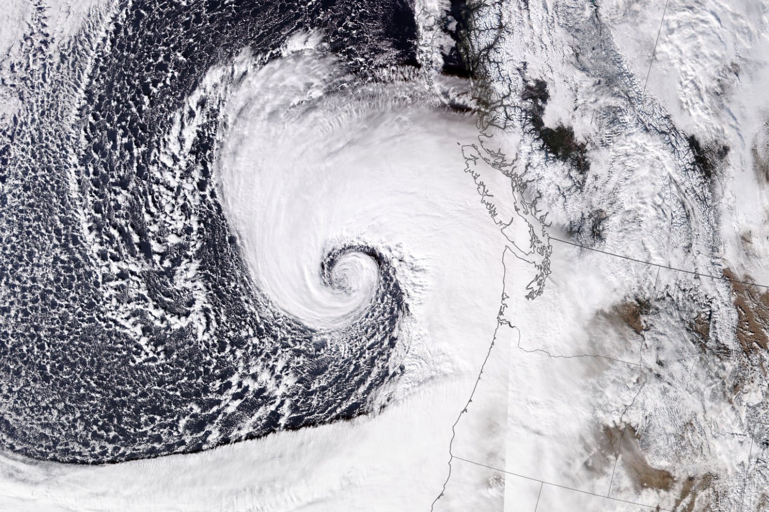 An extratropical cyclone sweeping over the Pacific Northwest.