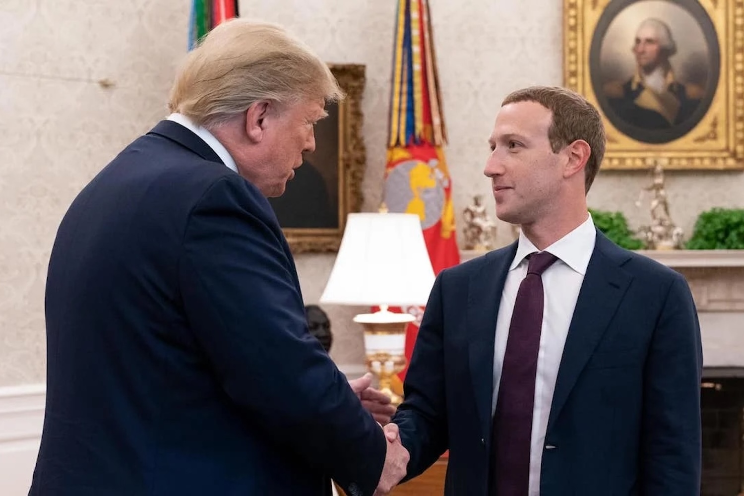 Donald Trump meets with Meta CEO Mark Zuckerberg (right) in the Oval Office of the White House on September 19, 2019.