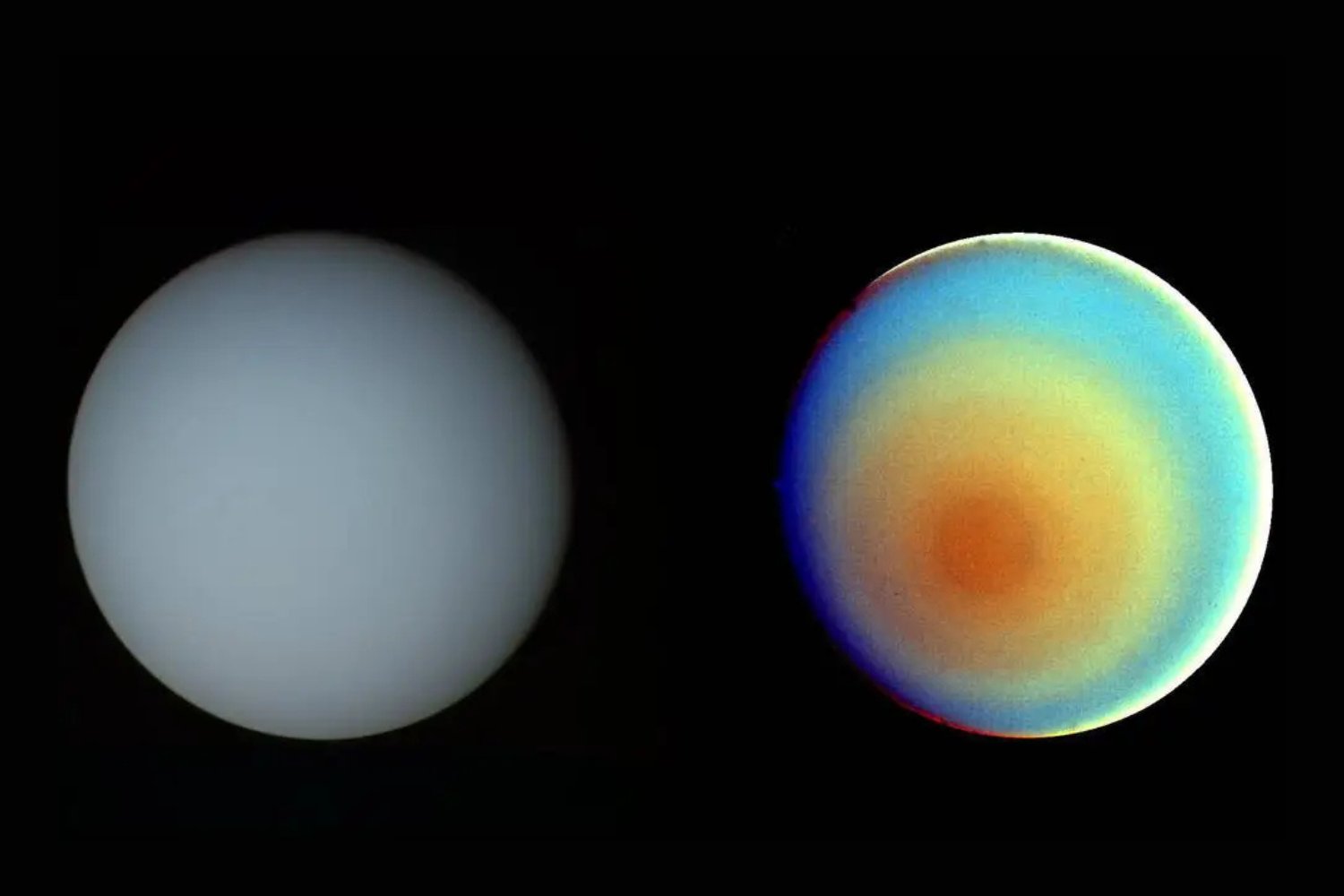 Natural color (left) and false color (right) images of Uranus snapped by Voyager 2 in the mid-1980s.