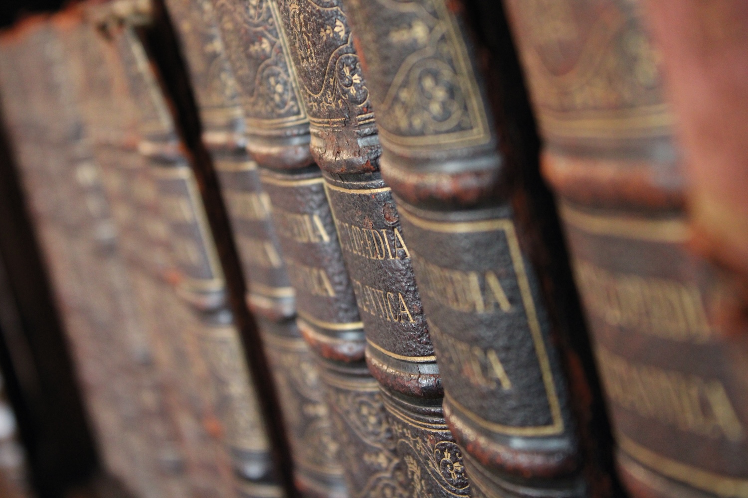 Encyclopedia Britannica books on a bookshelf.