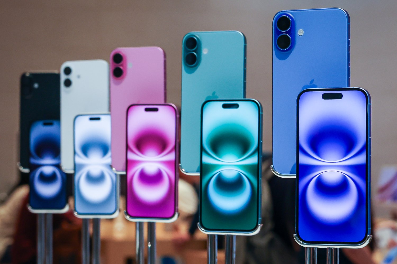 A series of iPhone 16 phones on display in a variety of colors.