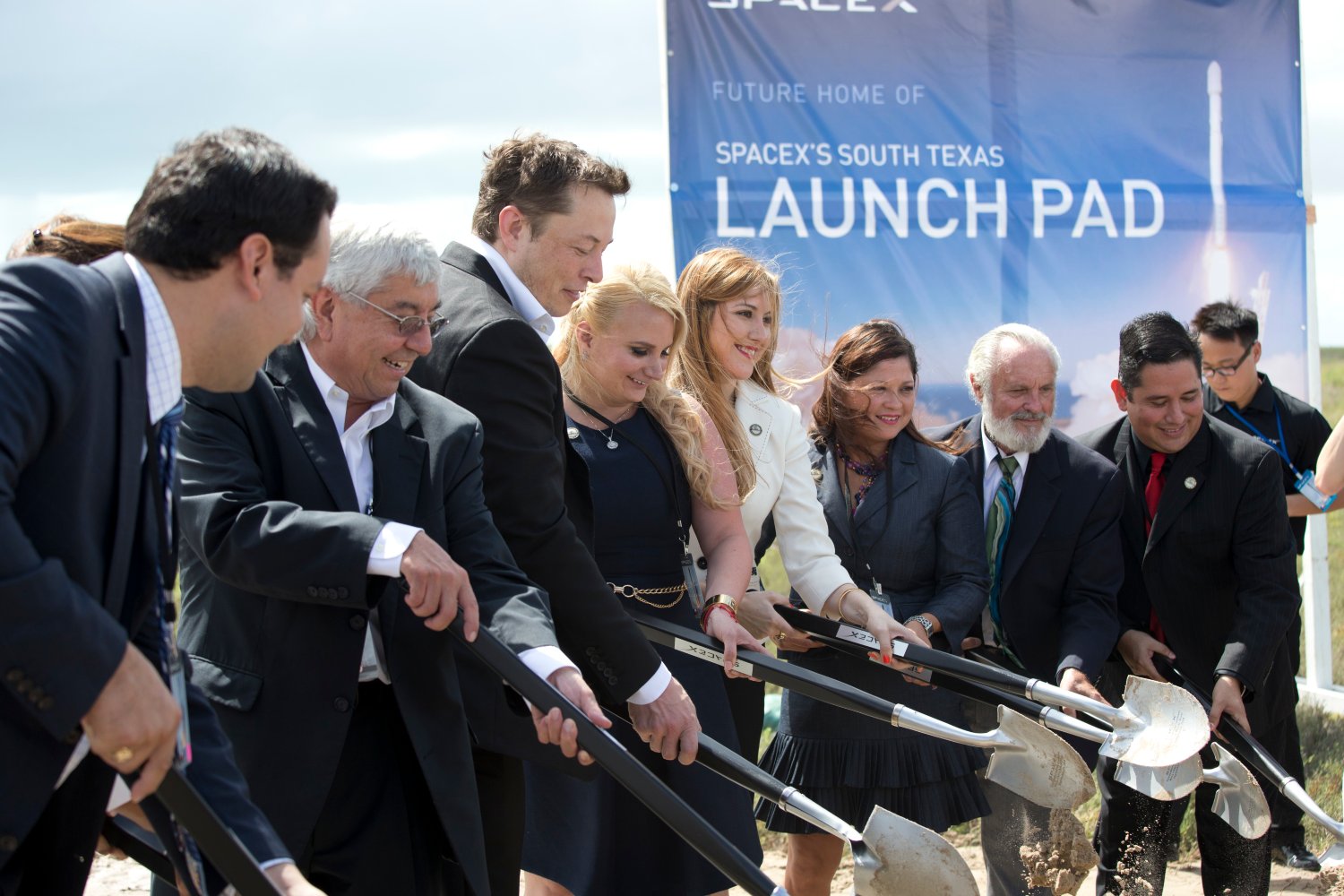 SpaceX CEO Elon Musk (third from left) helps break ground on the Boca Chica, Texas site of its new spaceport in far south Texas.