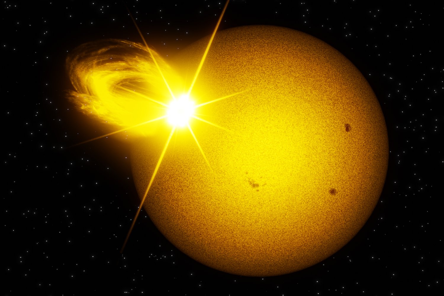 An artist's impression of a superflare on a Sun-like star as seen in white light.