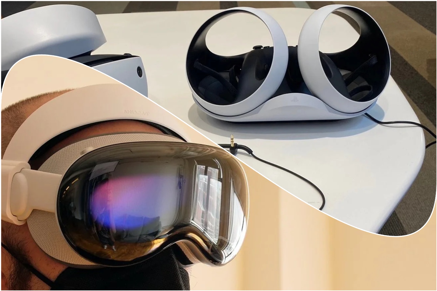 Playstation VR2 controllers shown next to a Vision Pro headset.