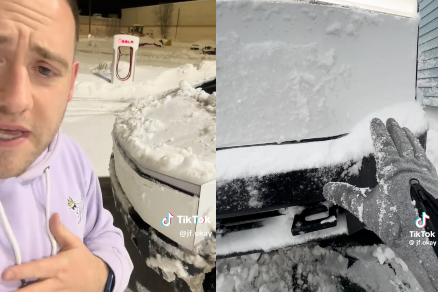 Screenshots from two TikTok videos by @jf.okay showing how snow blocks the Cybertruck's headlights.