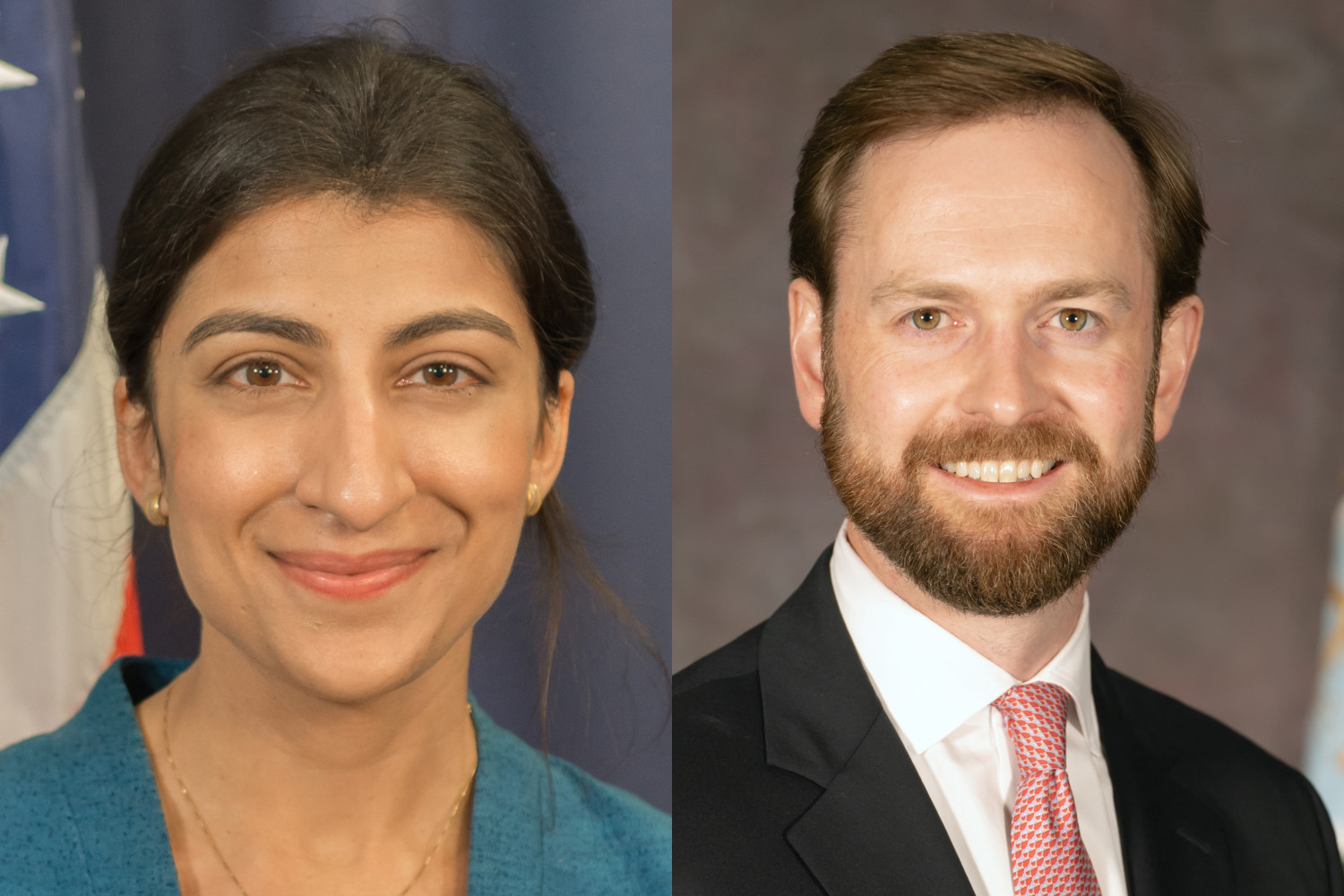 Current FTC head Lina Khan (left) and Donald Trump's nominee to replace her Andrew Ferguson.