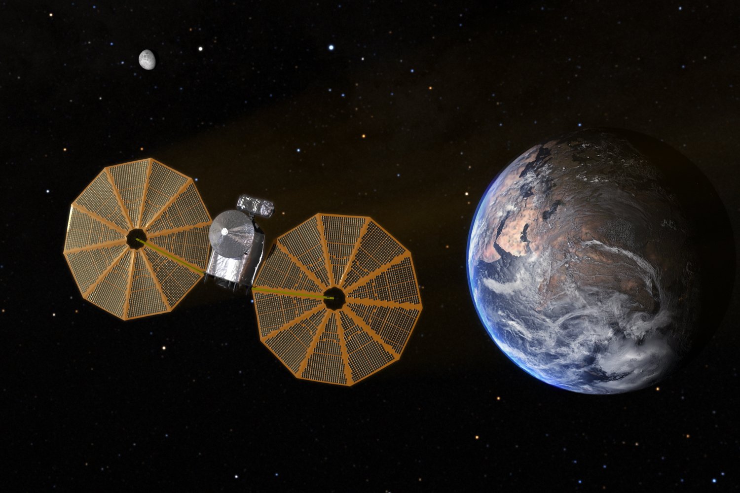 A visualization of the Lucy spacecraft, with Earth in background at right.