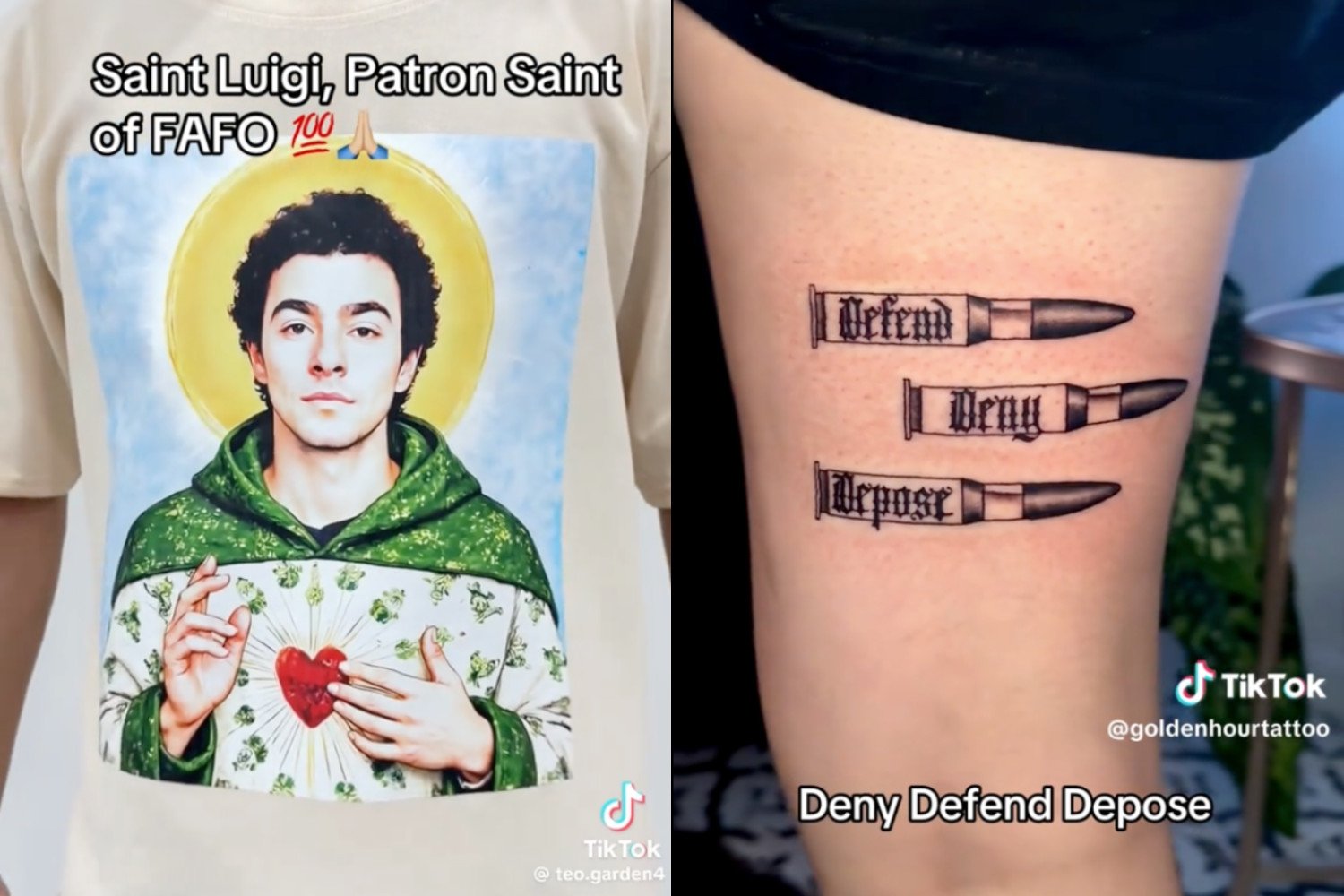 Luigi Mangione as a saintly image on a t-shirt depicted on TikTok (left) and a Deny, Defend, Depose tattoo on TikTok