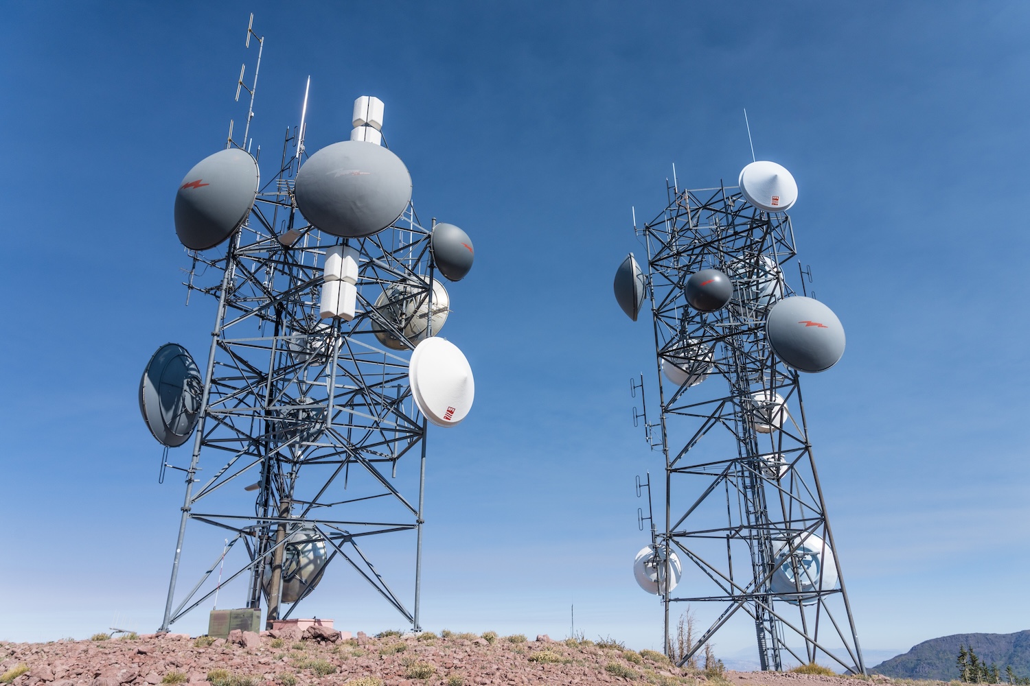 Telecommunications towers on top of Monroe Peak at 11,227 feet elevation on the Sevier Plateau in central Utah.