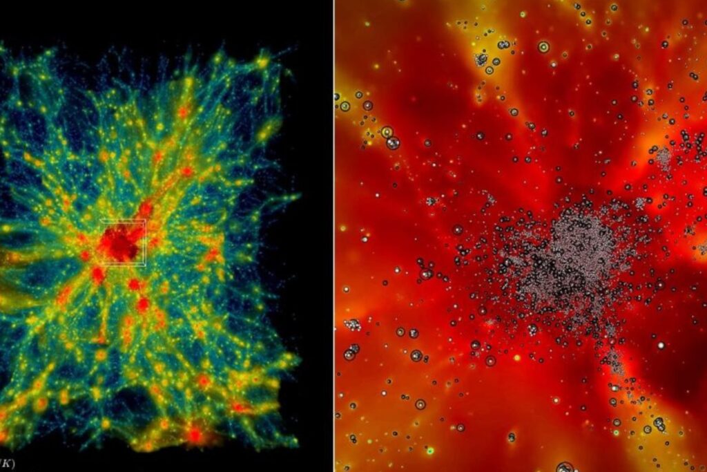 A sample of simulations showing a model of the expanding universe (left) and a zoomed-in view of tracer particles (right).