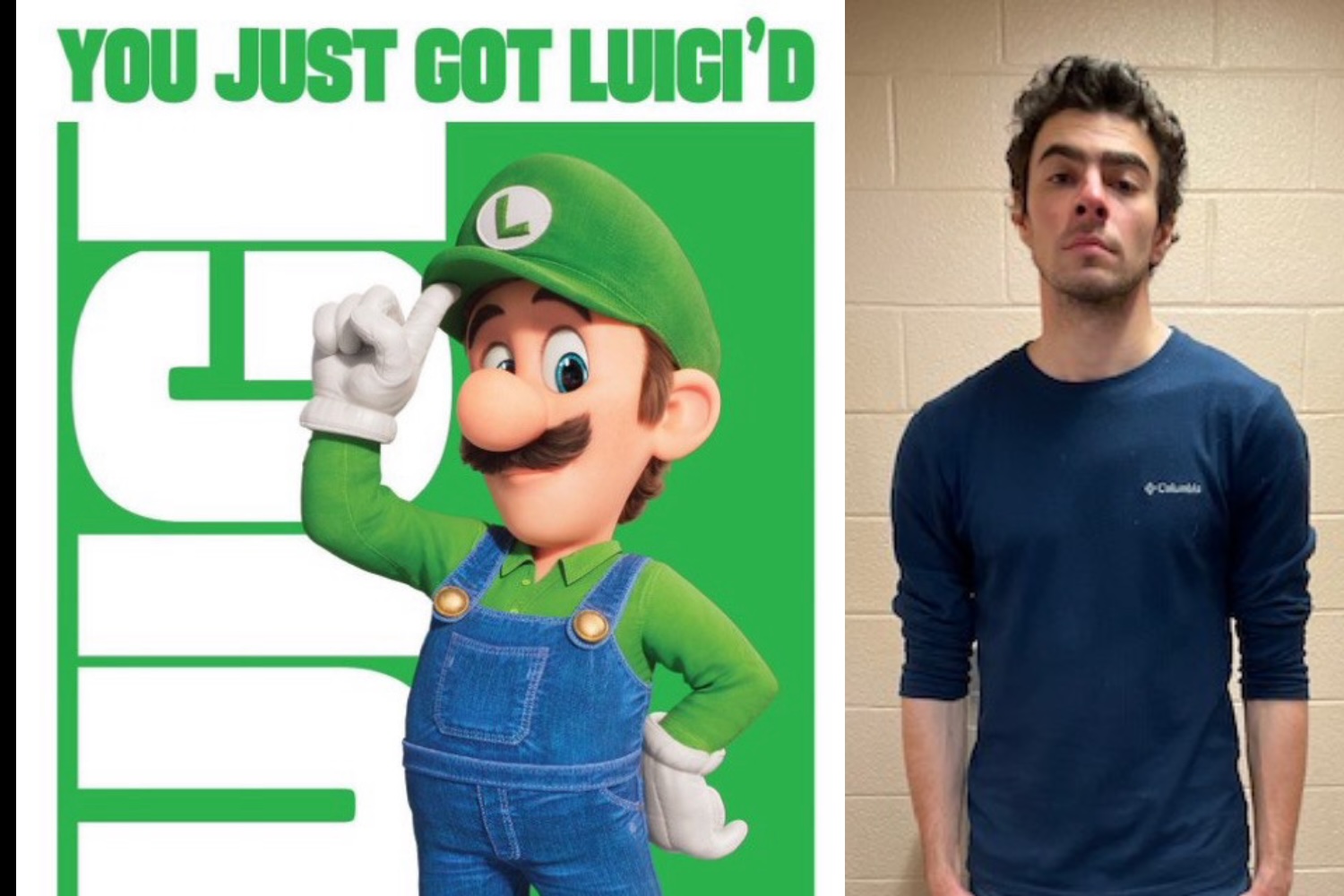 Meme shared by internet users of Nintendo's Luigi (left) along with a photo released of Luigi Mangione in jail in Pennsylvania.