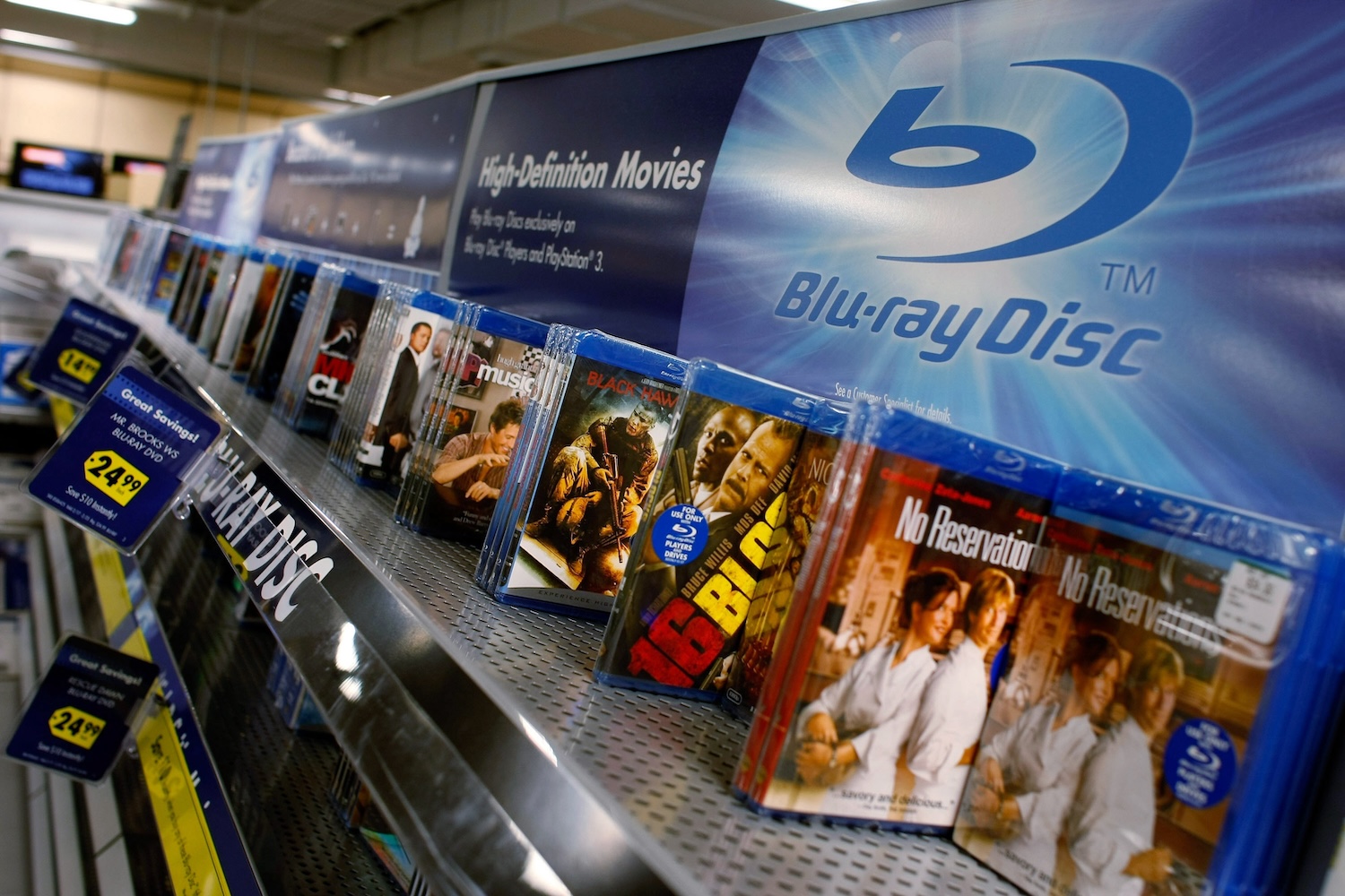 Blu-Ray moves displayed on a shelf in a store.